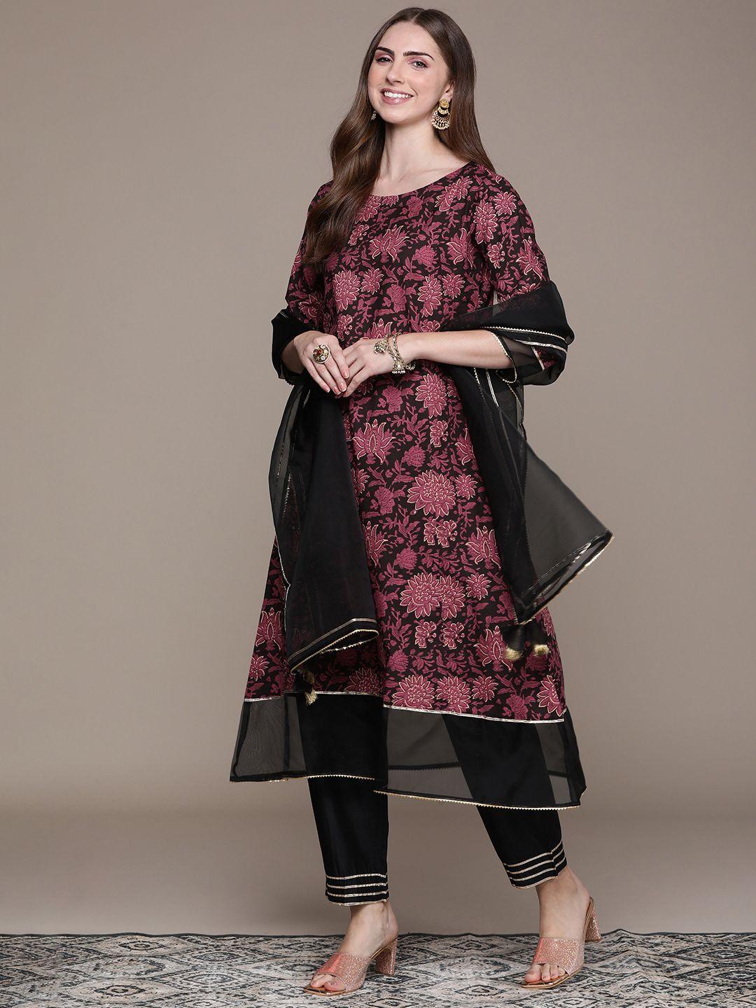 navibhu women black floral printed regular kurta with trousers & with dupatta