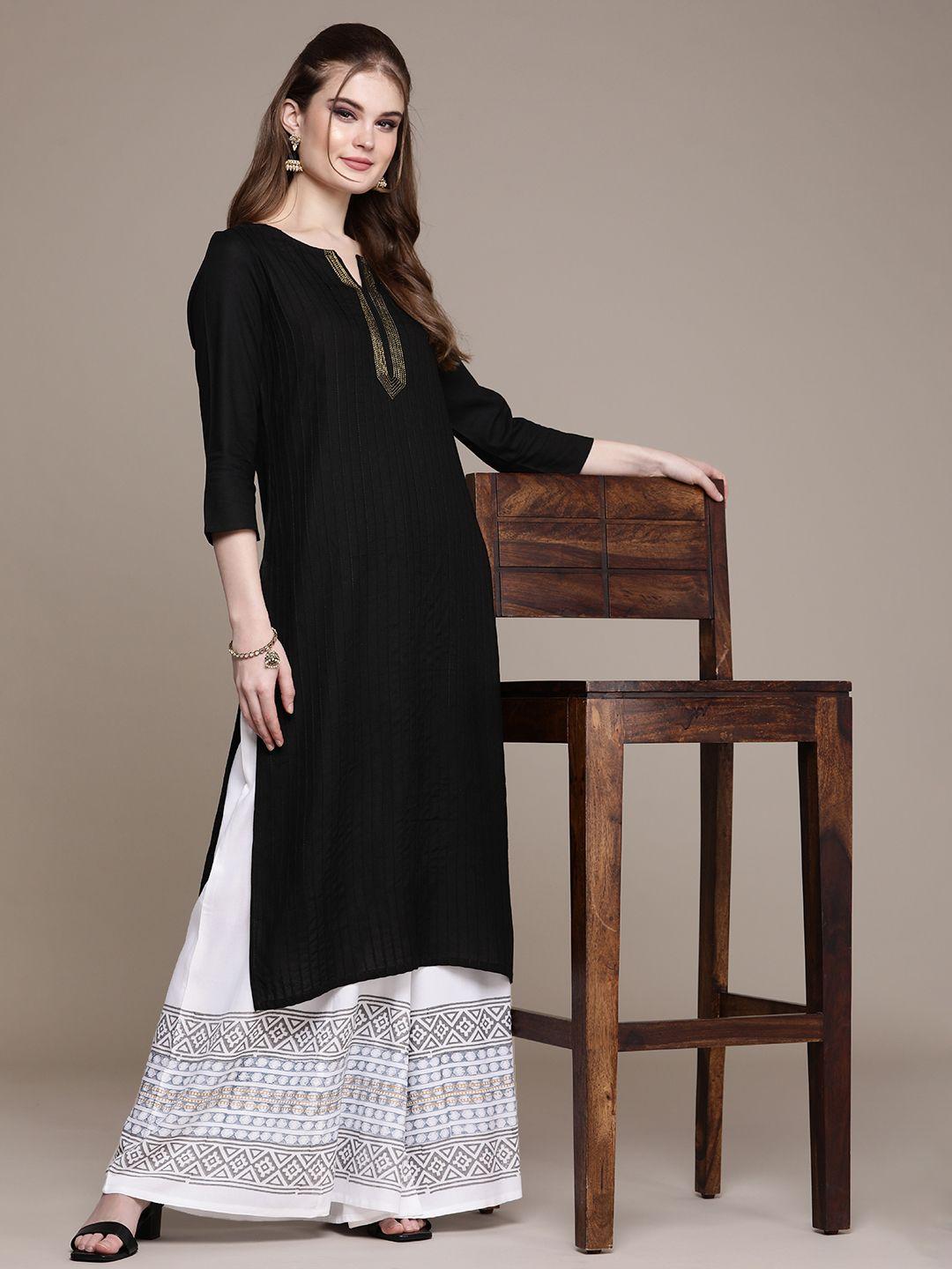 navibhu women black striped regular kurta with trousers