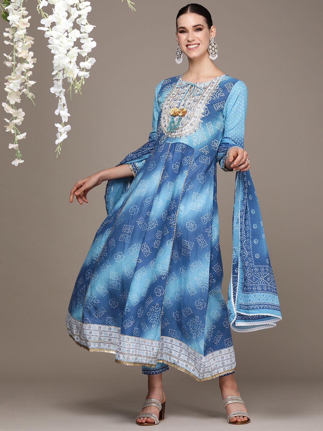 navibhu women blue bandhani embroidered empire kurta with trousers & with dupatta