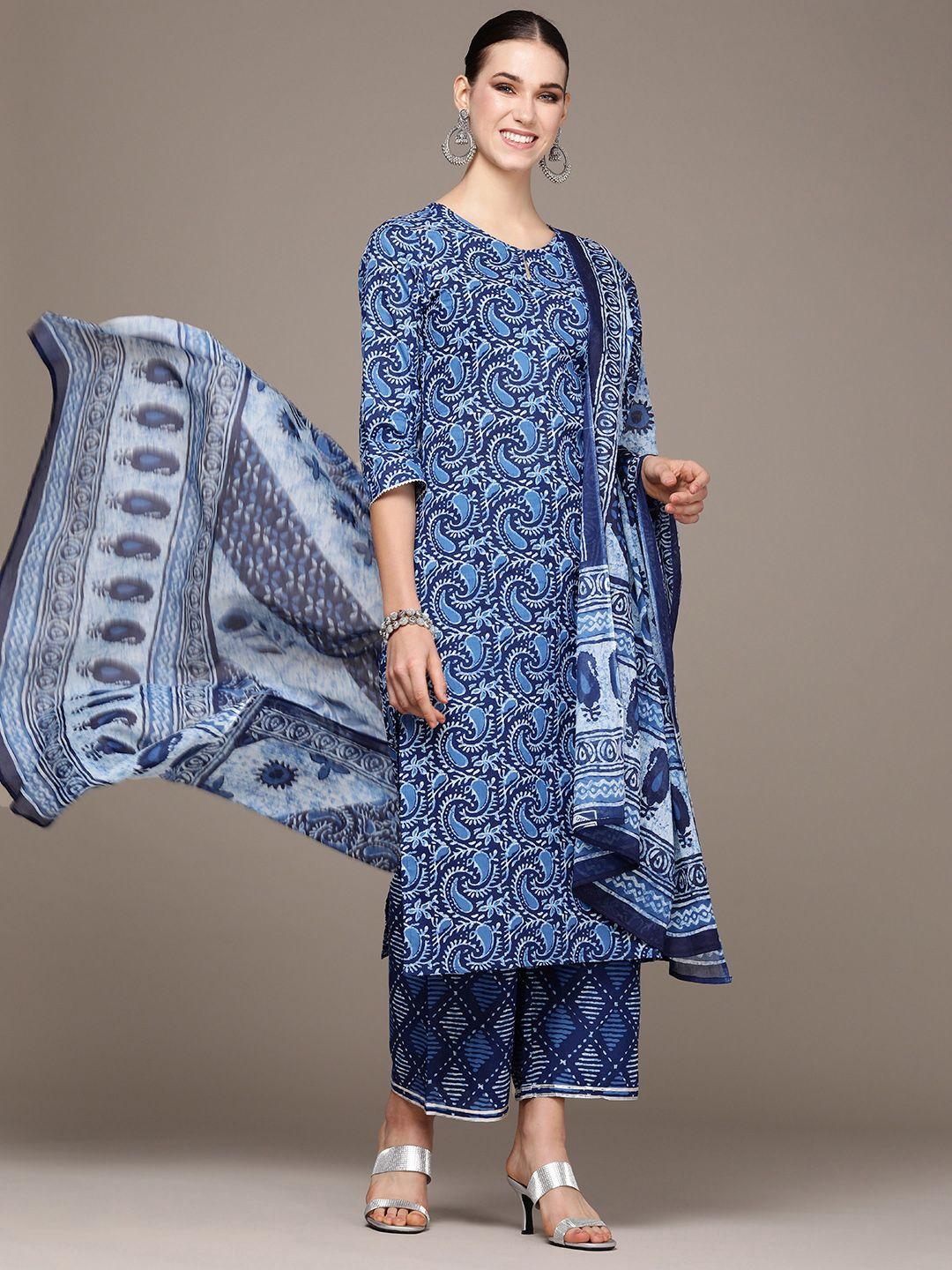 navibhu women blue paisley printed regular kurta with palazzos & with dupatta