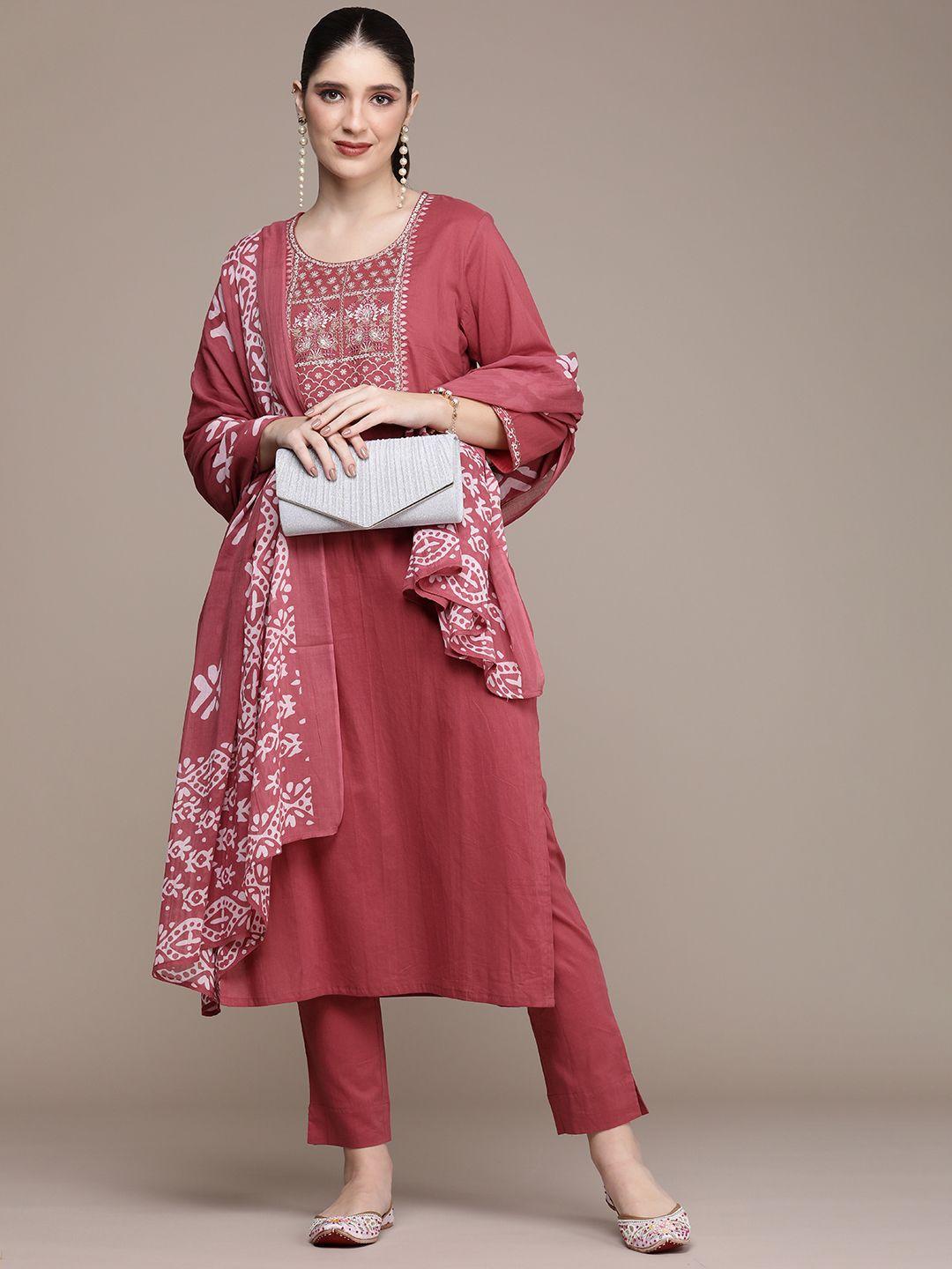 navibhu women ethnic motifs embroidered pure cotton kurta with trousers & with dupatta