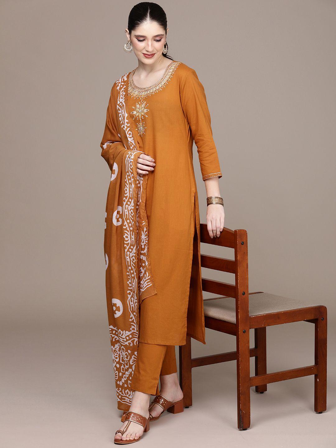 navibhu women floral embroidered regular pure cotton kurta with trousers & with dupatta
