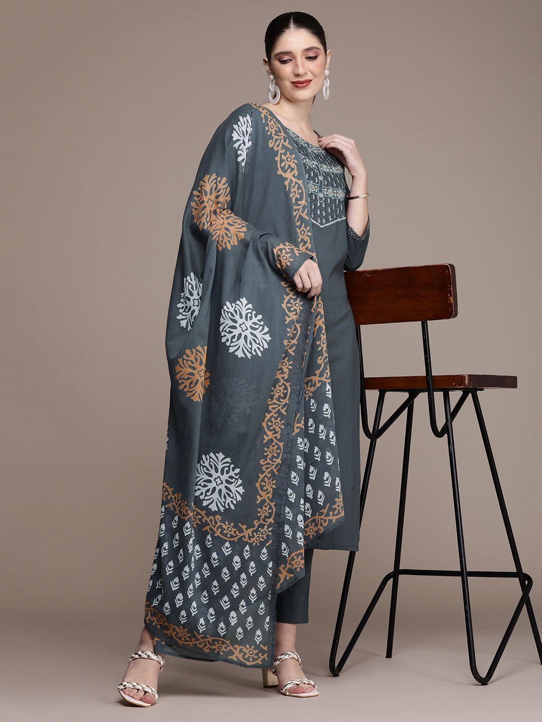 navibhu women floral embroidered regular pure cotton kurta with trousers & with dupatta