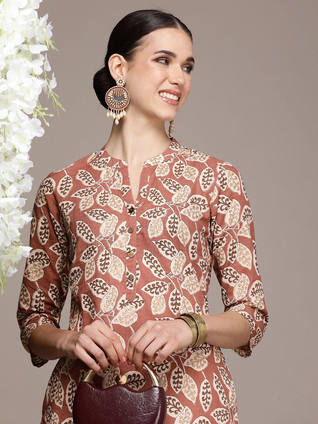 navibhu women floral printed mandarin collar kurta