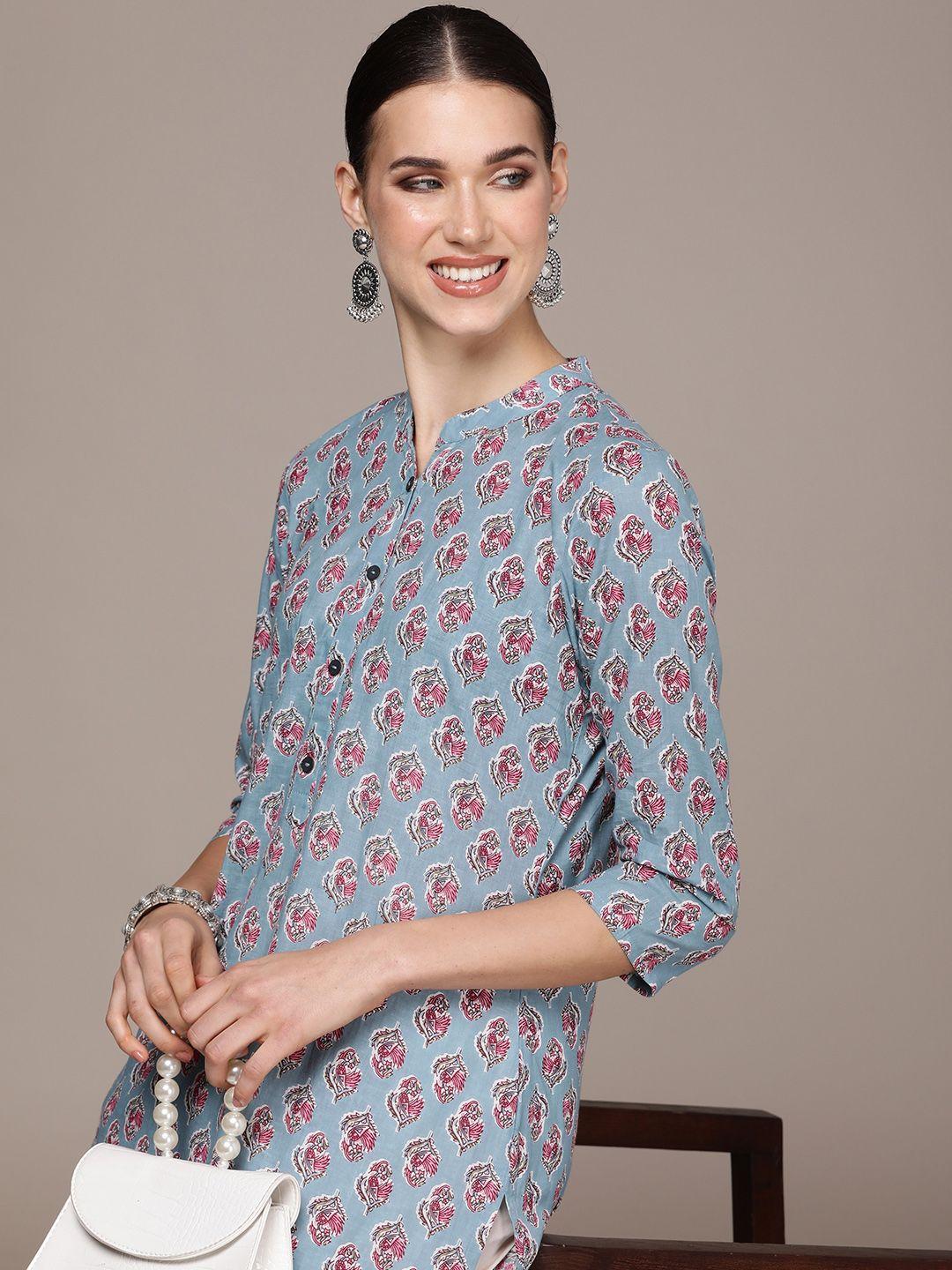 navibhu women floral printed mandarin collar kurta