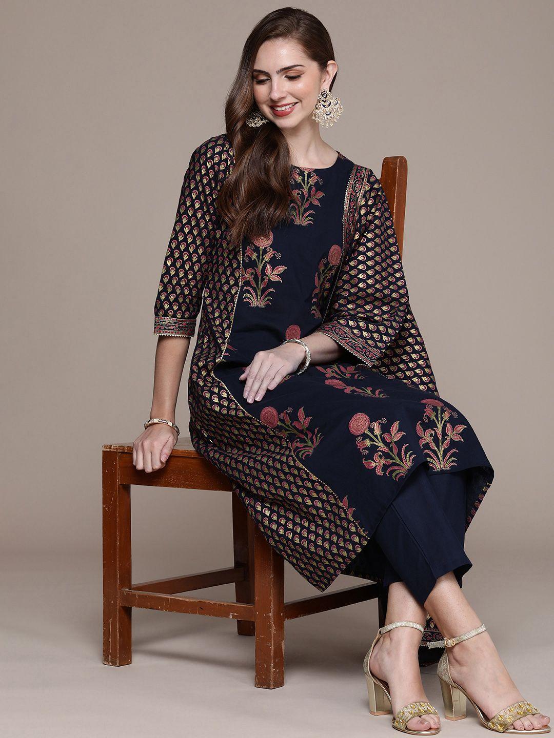 navibhu women floral printed regular kurta with trousers & with dupatta