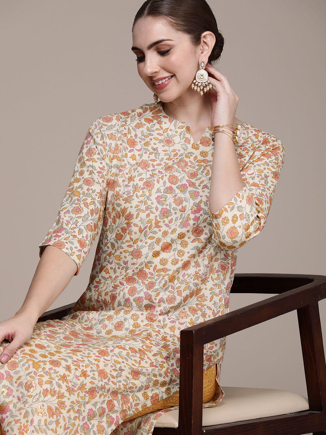 navibhu women floral printed regular pure cotton kurta with trousers