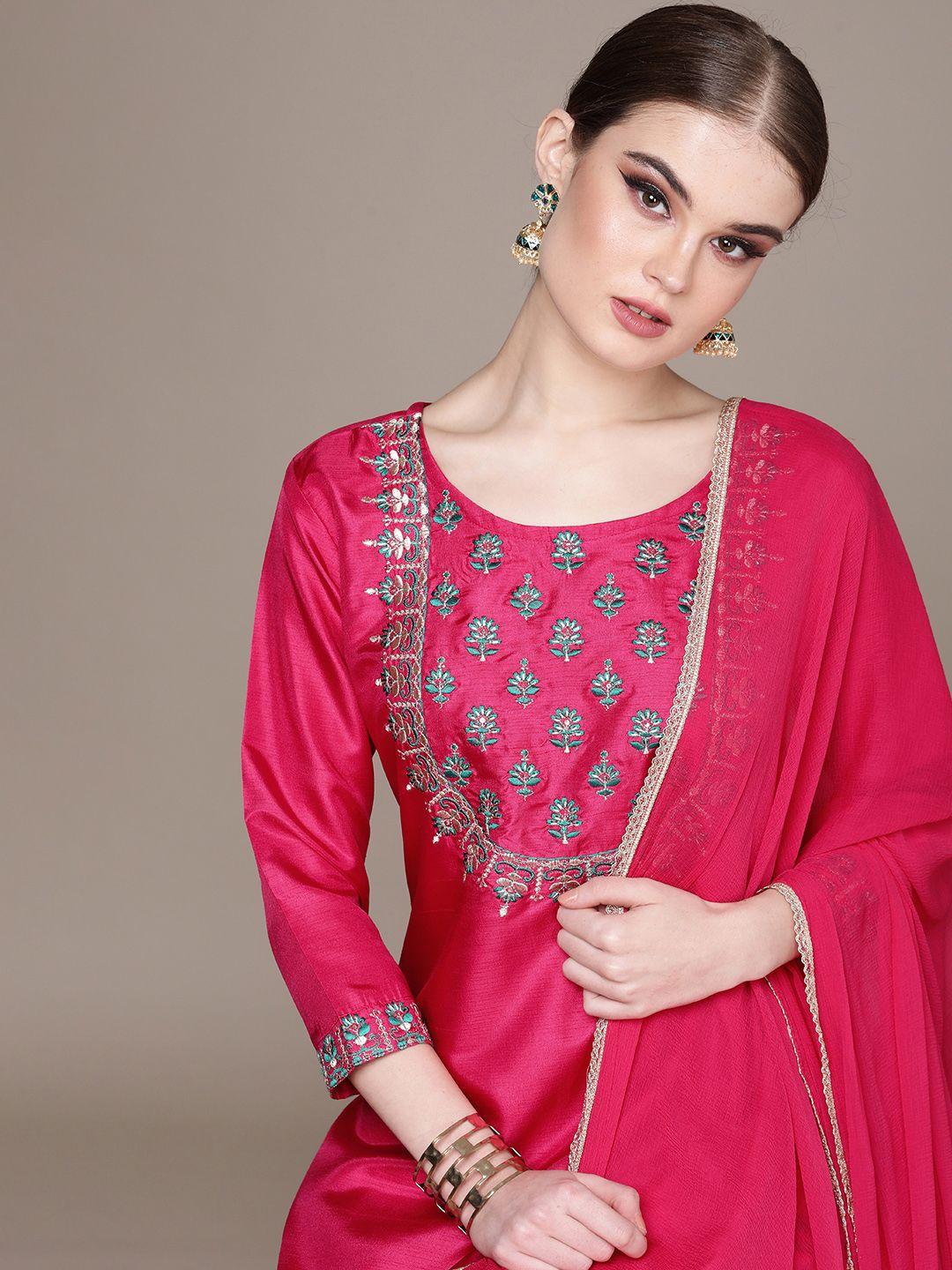 navibhu women fuchsia ethnic motifs embroidered regular sequinned kurta with trousers & with dupatta