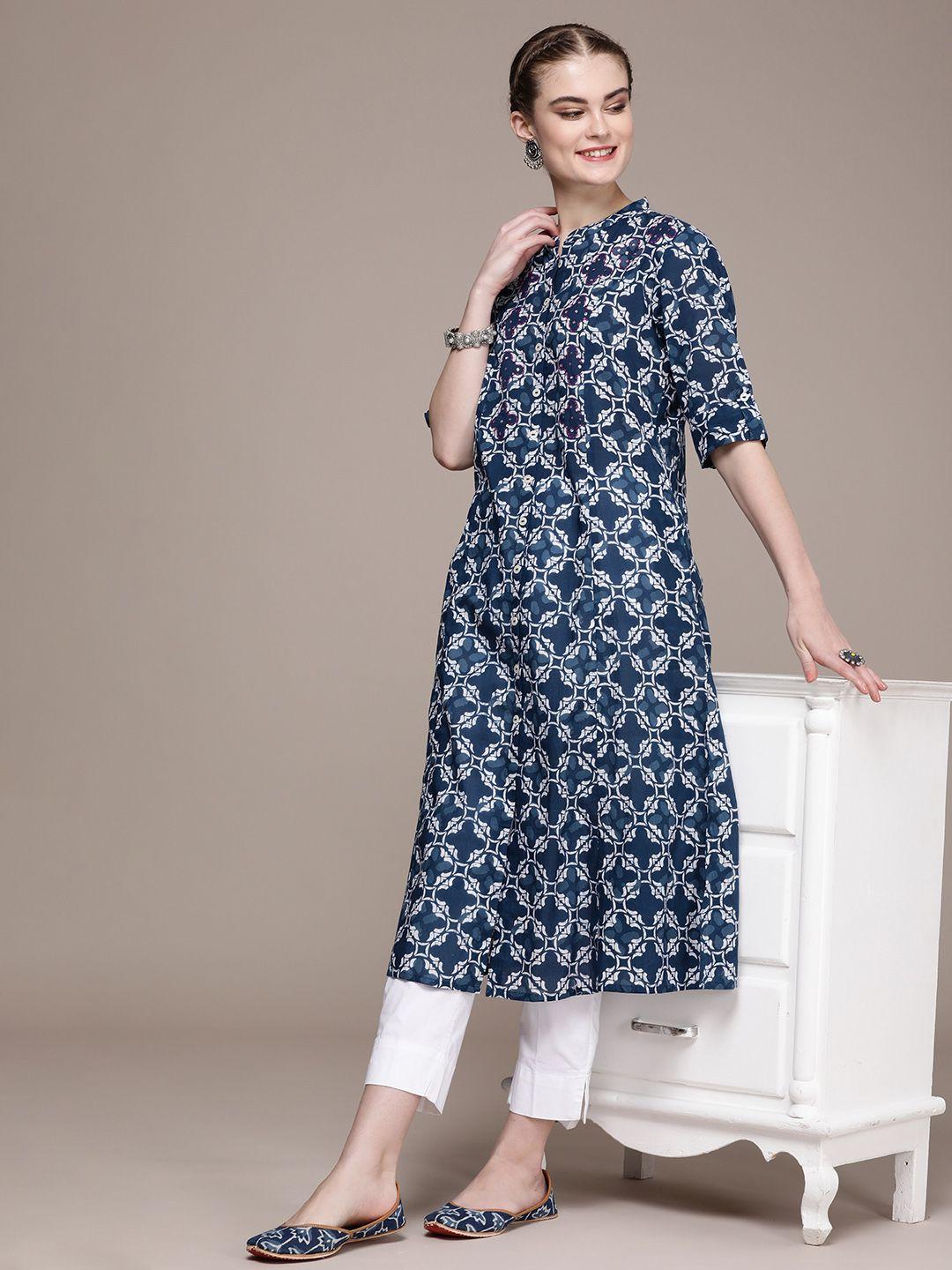 navibhu women geometric printed cotton kurta