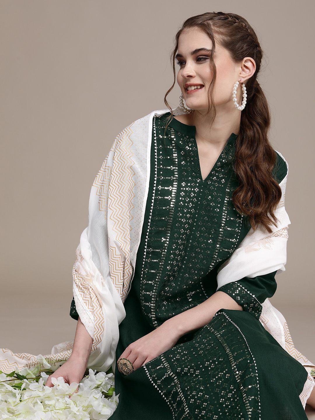 navibhu women green ethnic motifs embroidered regular kurta with trousers & with dupatta