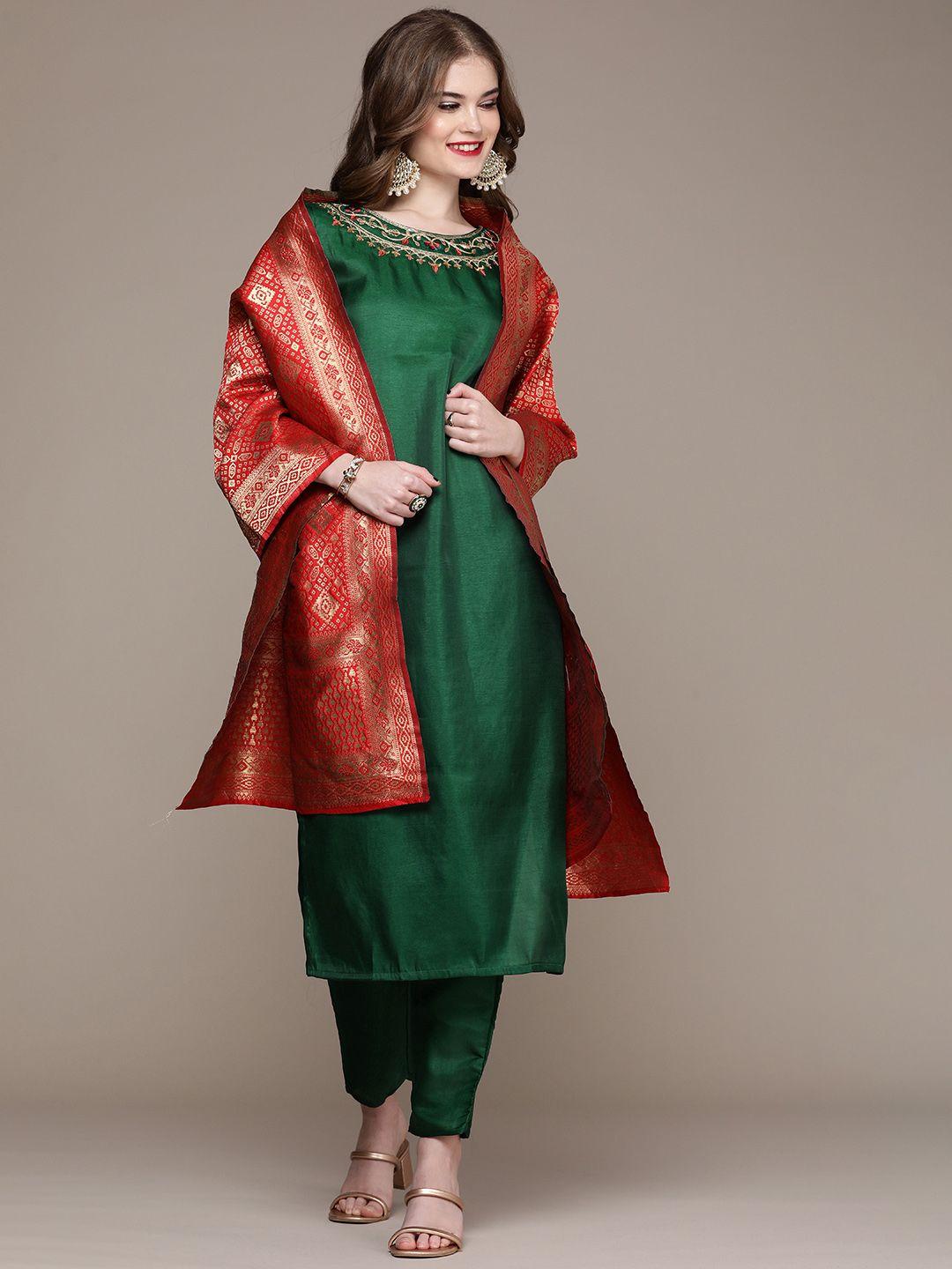 navibhu women green ethnic motifs embroidered regular sequinned liva kurta with trousers & with dupatta