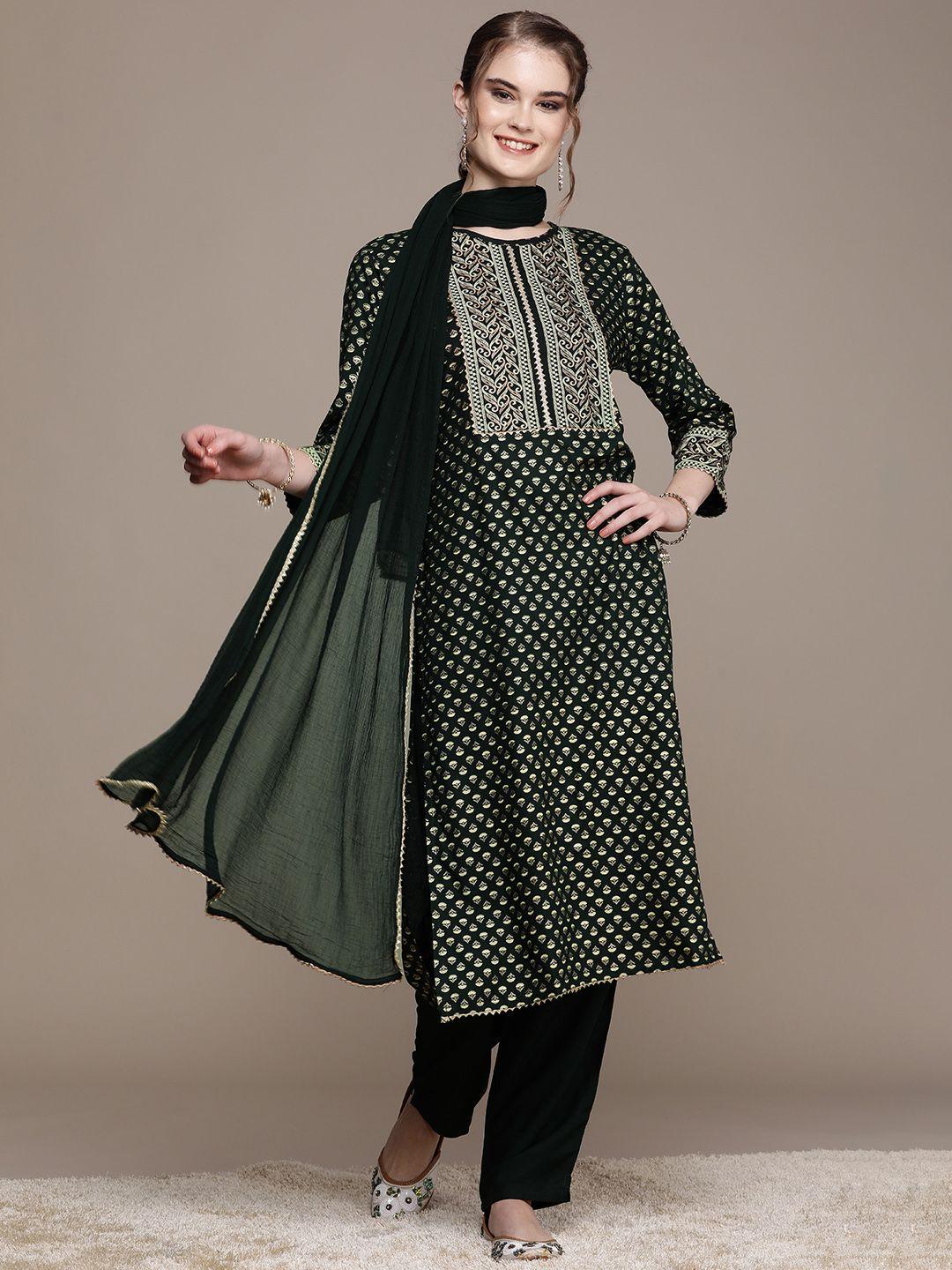 navibhu women green floral printed regular gotta patti kurta with trousers & with dupatta