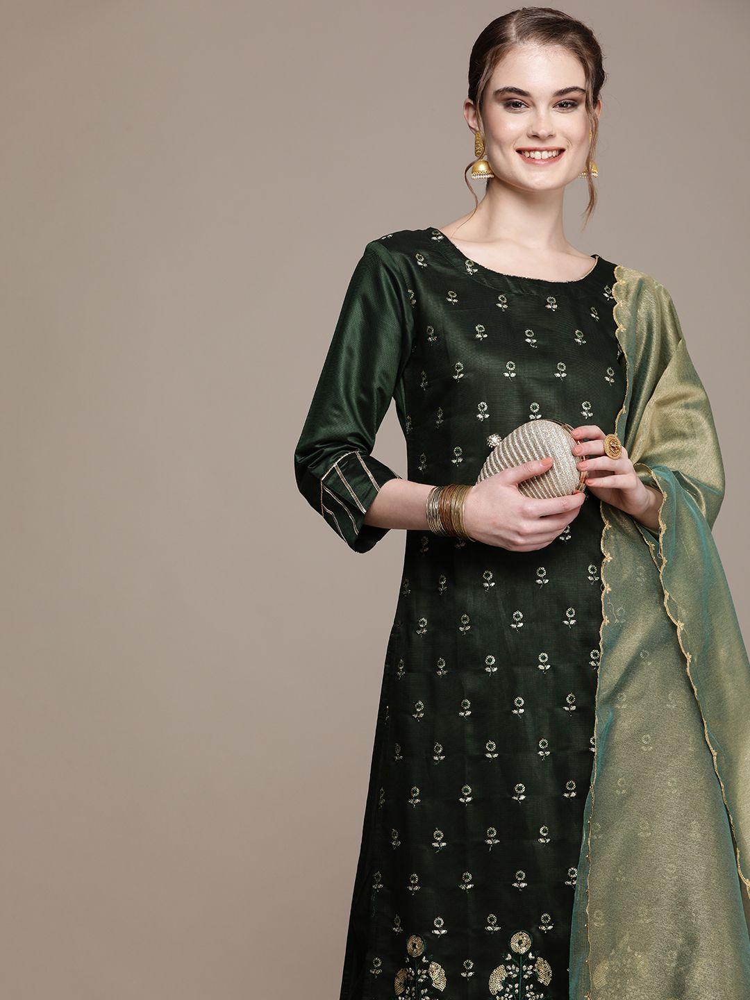 navibhu women green floral printed regular pure cotton kurta with trousers & with dupatta