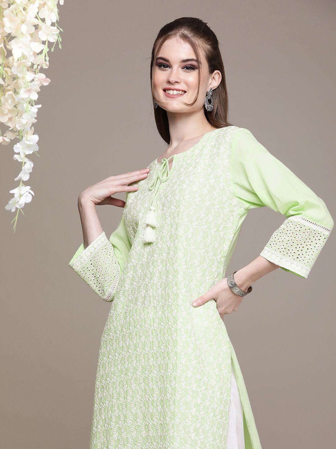 navibhu women lime green floral embroidered regular thread work pure cotton kurta with trousers