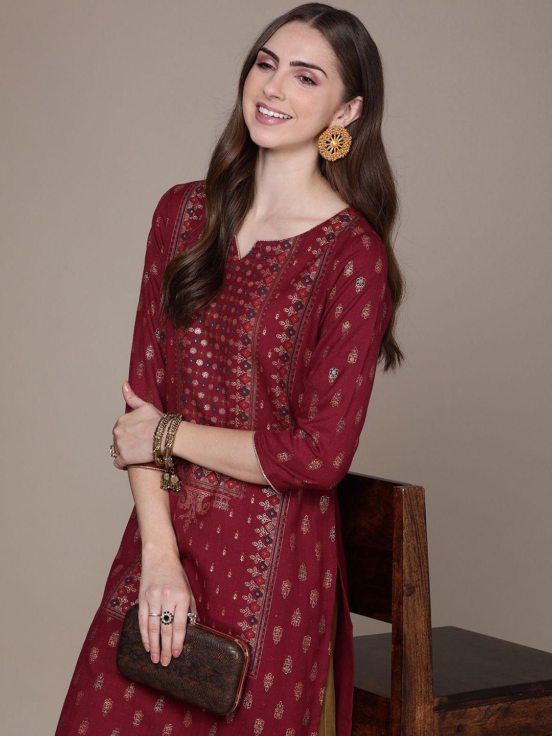 navibhu women maroon ethnic motifs printed regular kurta with palazzos & with dupatta