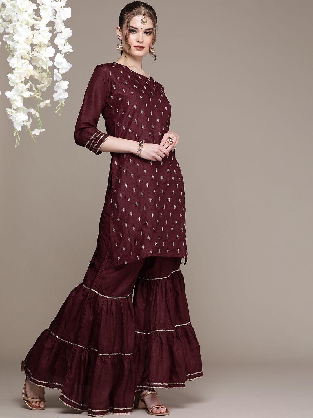 navibhu women maroon floral embroidered regular gotta patti kurta with sharara