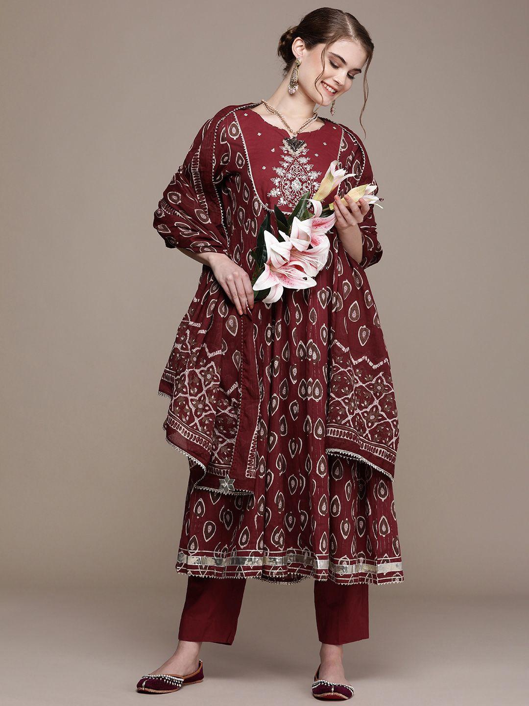 navibhu women maroon paisley embroidered empire kurta with trousers & with dupatta