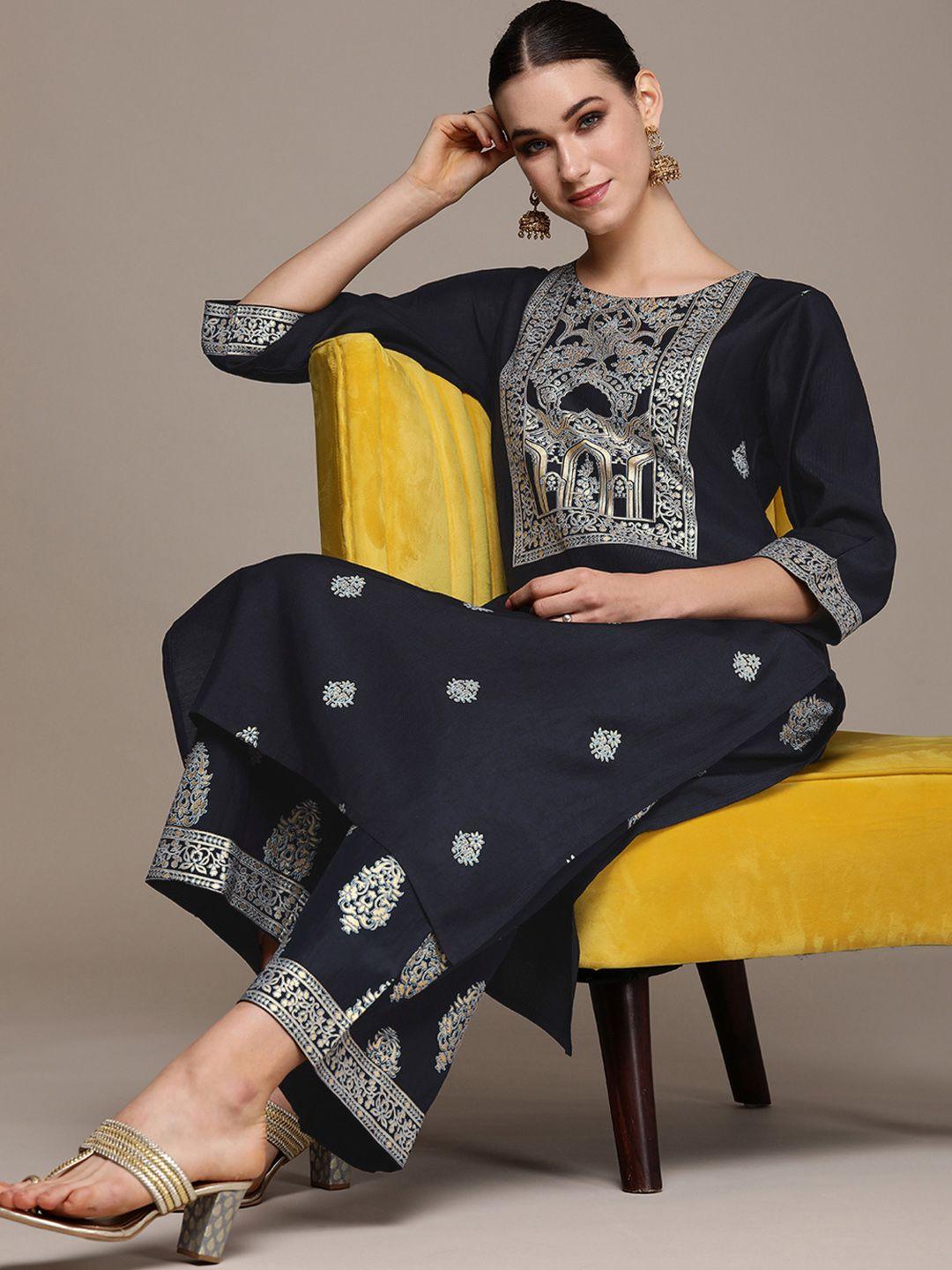 navibhu women navy blue ethnic motifs printed regular liva kurta with trousers