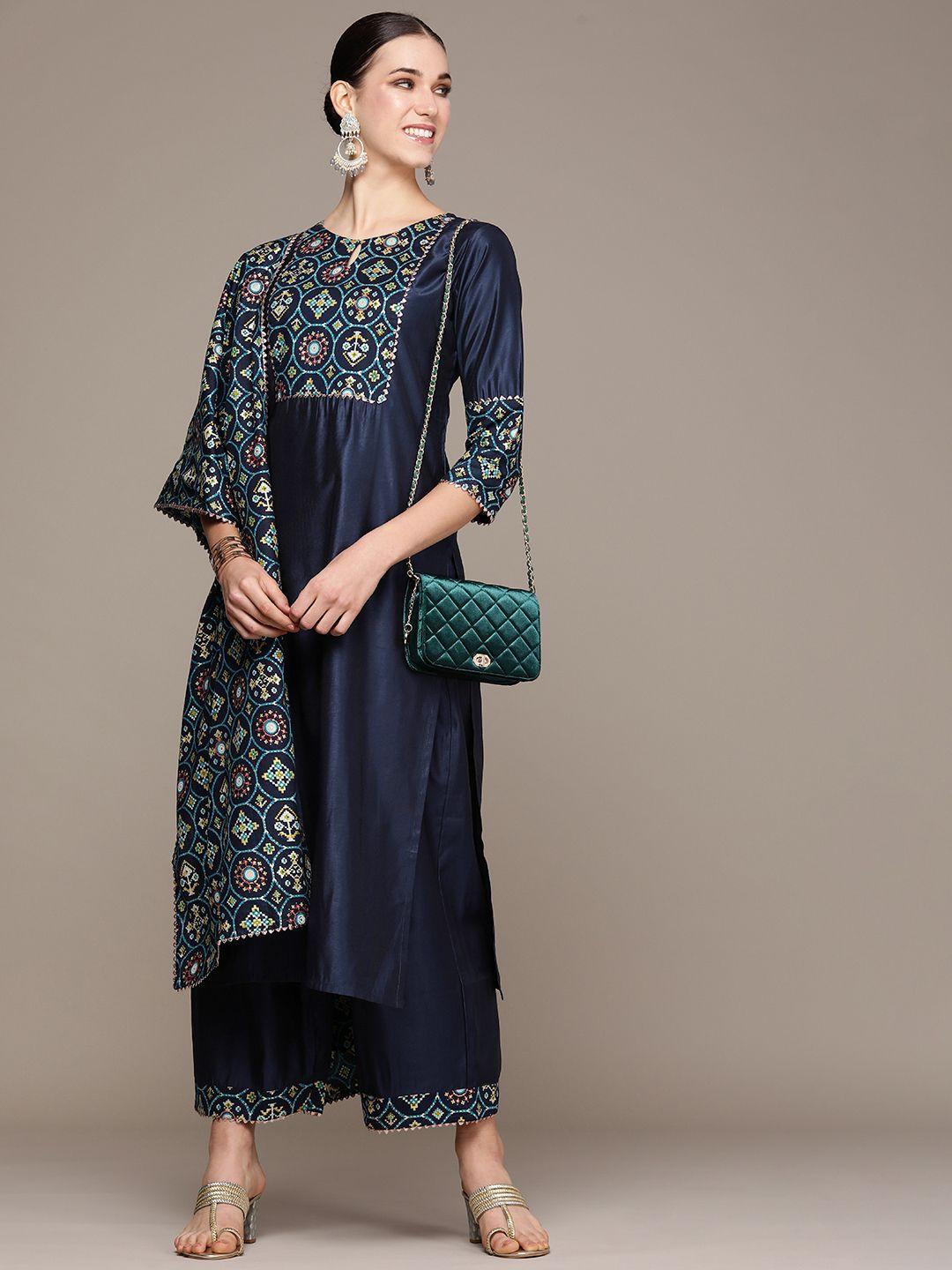 navibhu women navy blue regular liva kurta with trousers & with dupatta