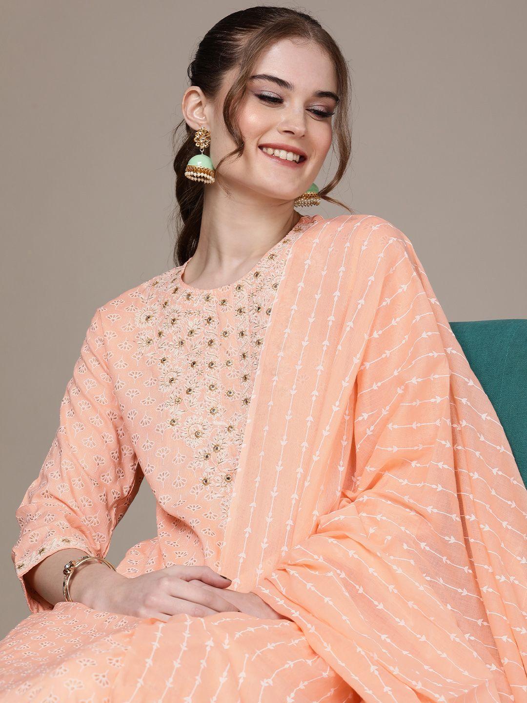 navibhu women peach-coloured floral embroidered regular thread work kurta with trousers & with dupatta