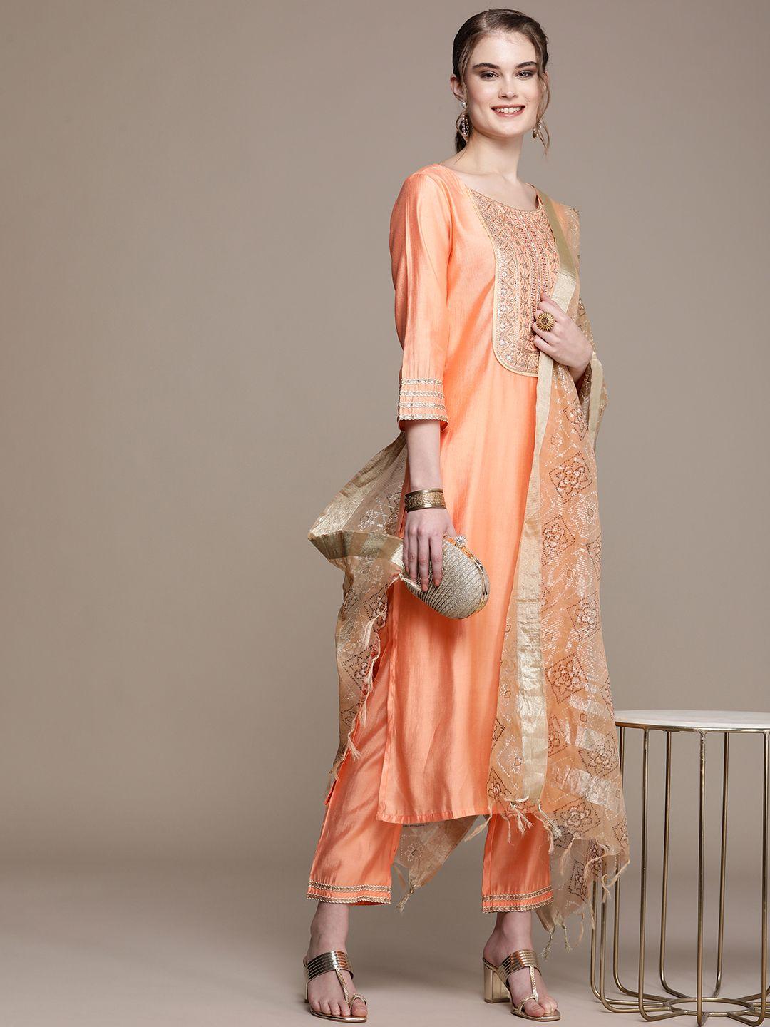 navibhu women peach-coloured yoke design regular sequinned kurta with trousers & with dupatta