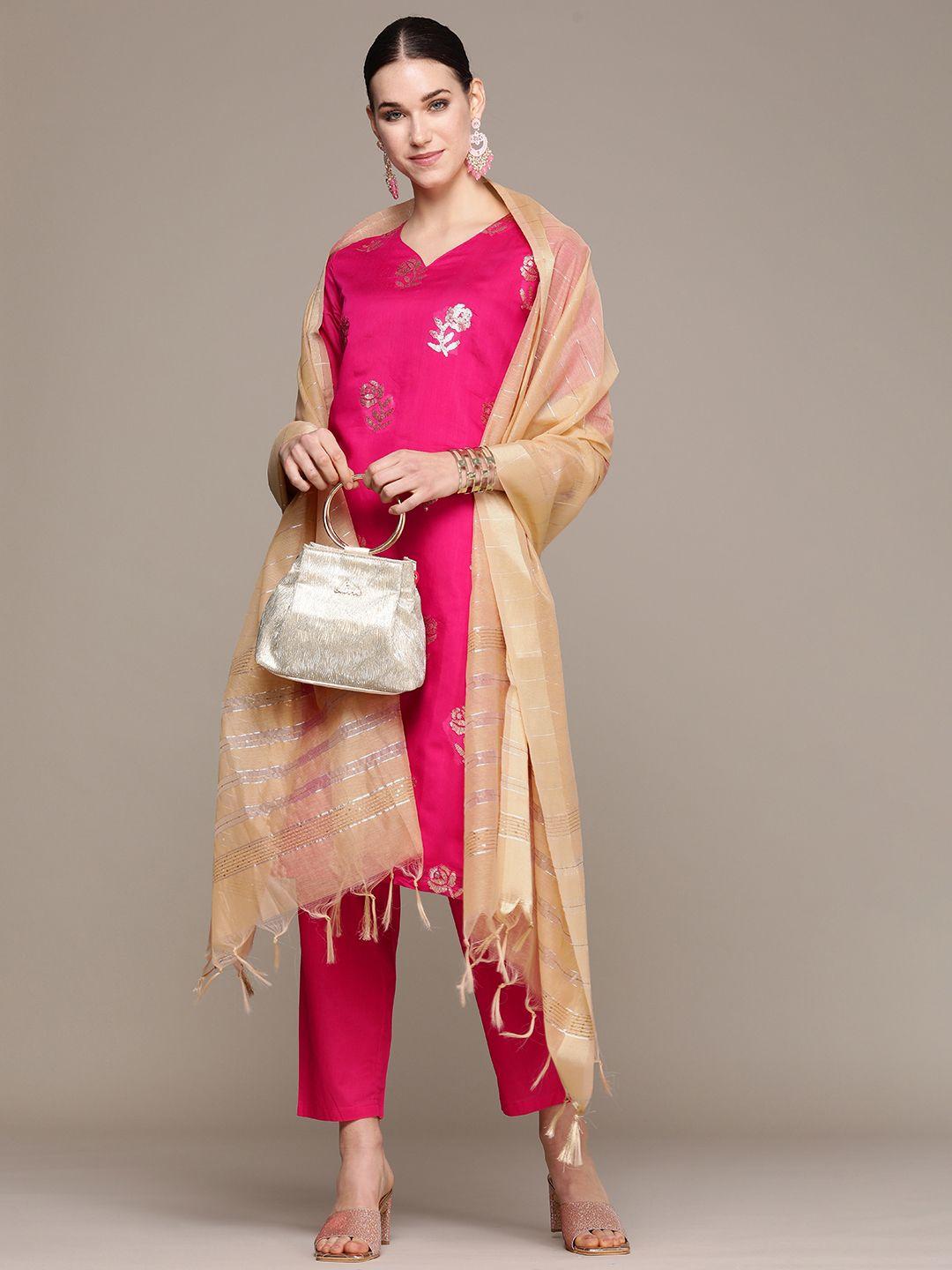 navibhu women pink floral embroidered regular sequinned chanderi cotton kurta with trousers & with dupatta