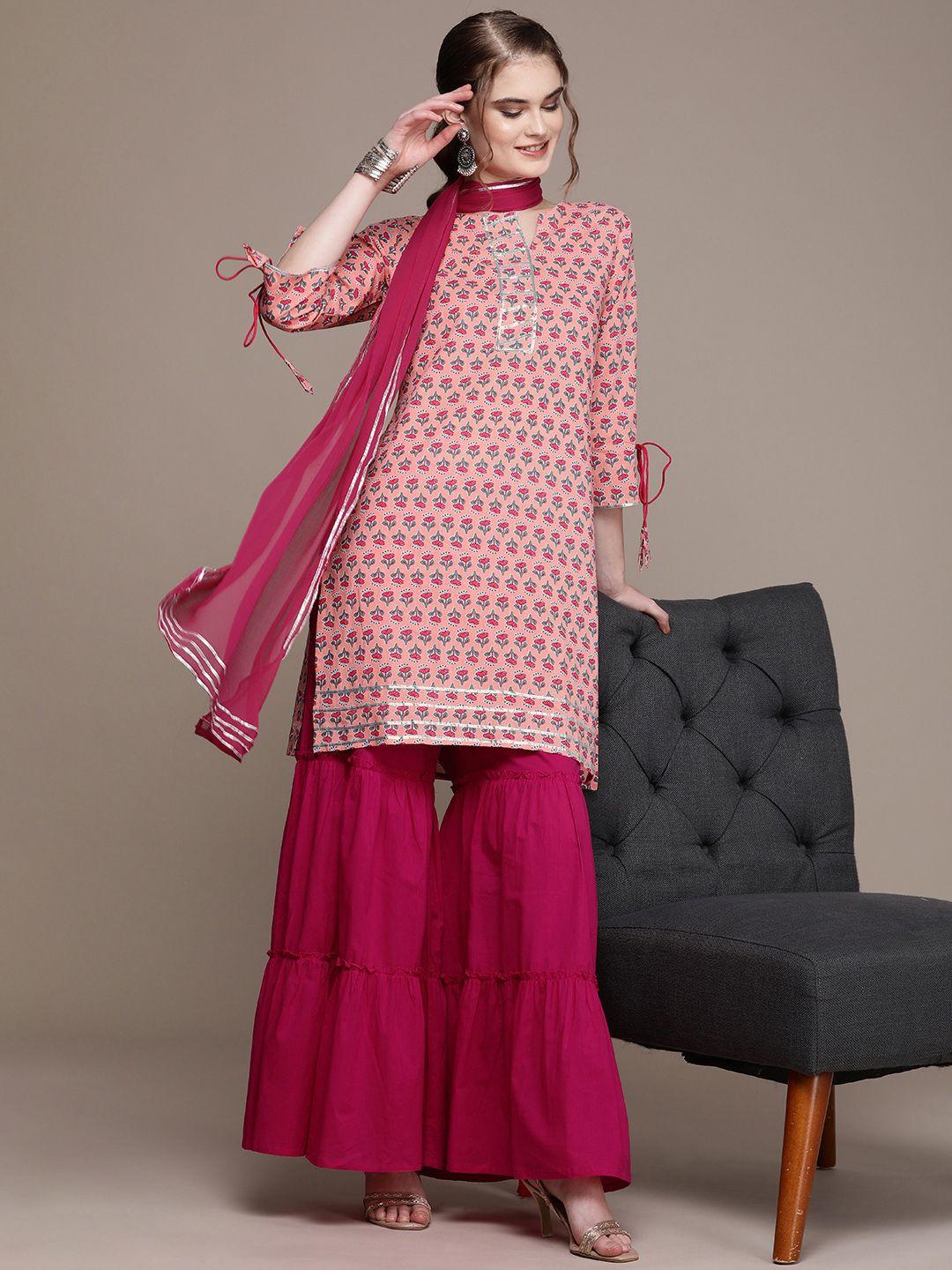 navibhu women pink floral printed regular kurta with sharara & with dupatta