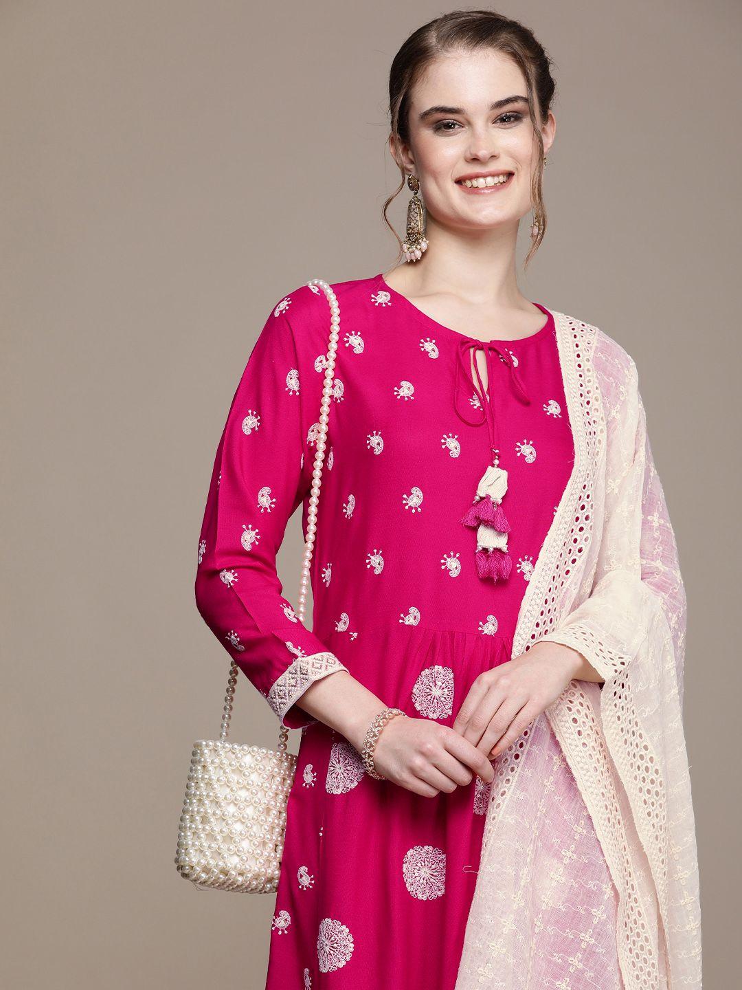 navibhu women pink paisley embroidered regular kurta with trousers & with dupatta
