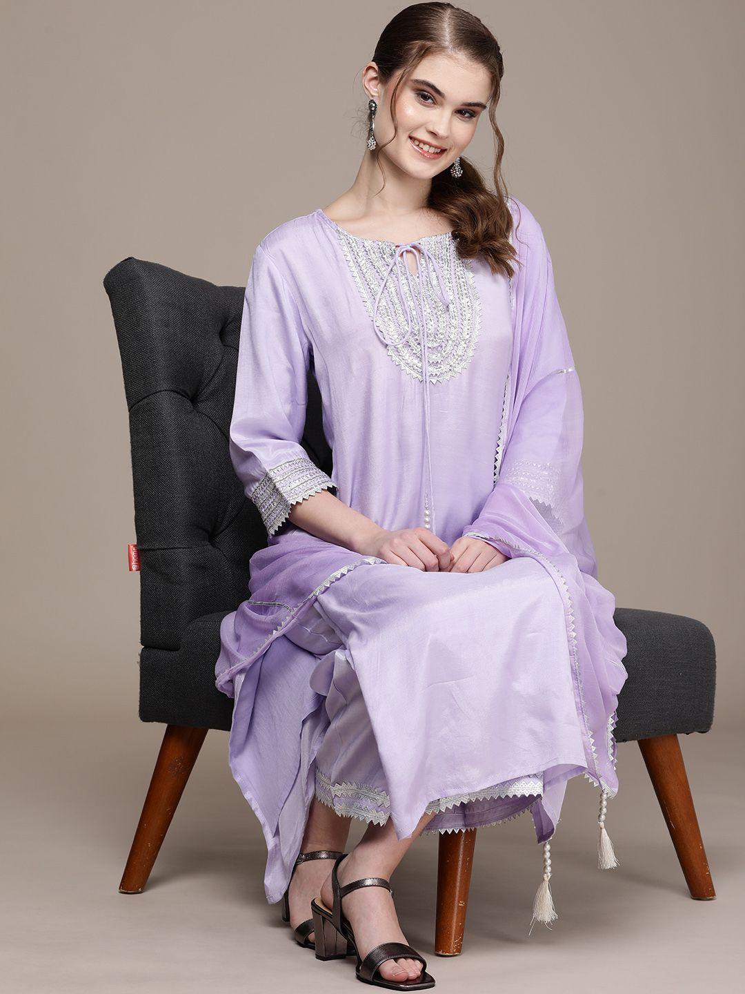 navibhu women purple ethnic motifs embroidered regular kurta with trousers & with dupatta