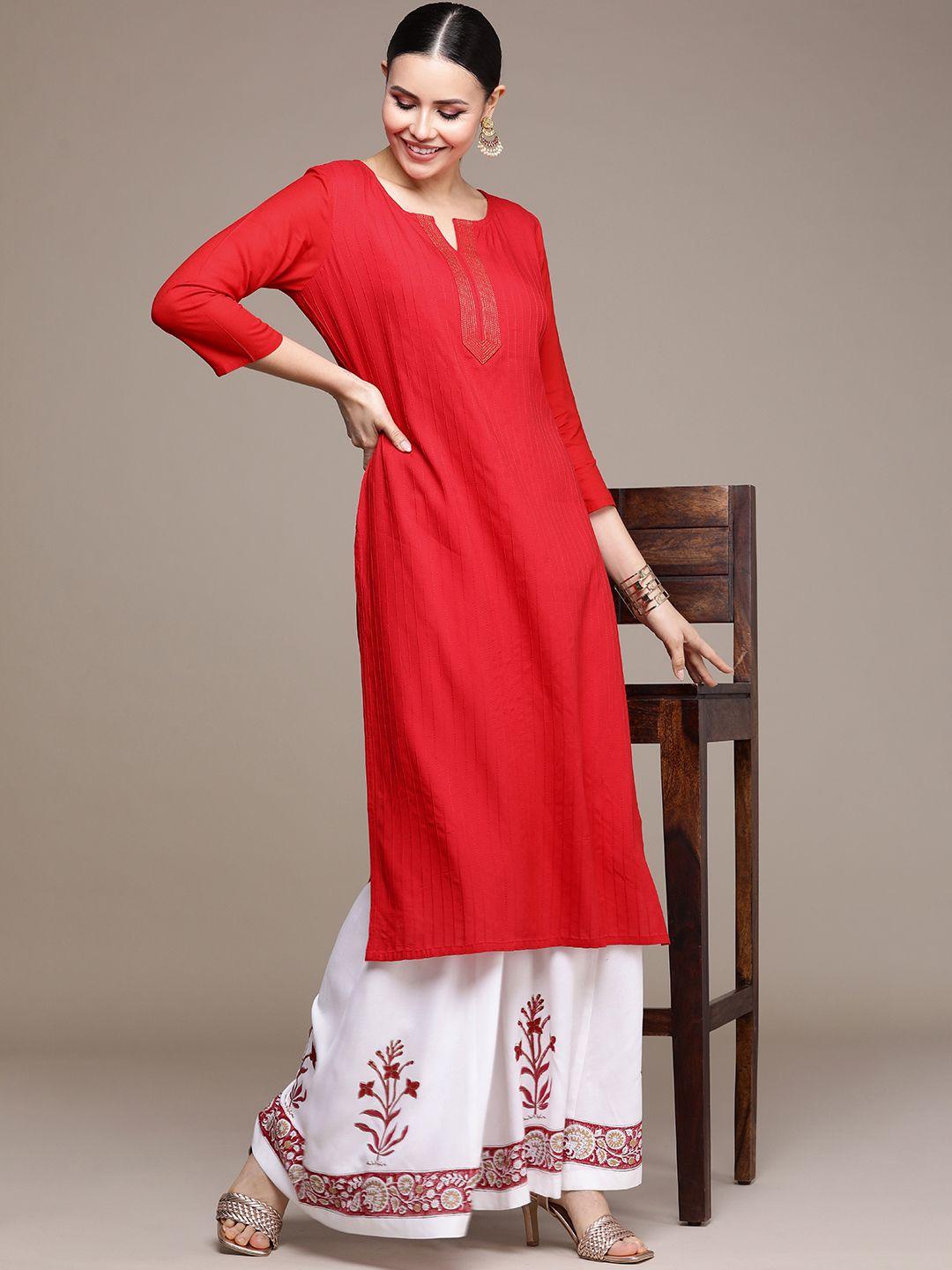 navibhu women red striped regular kurta with palazzos