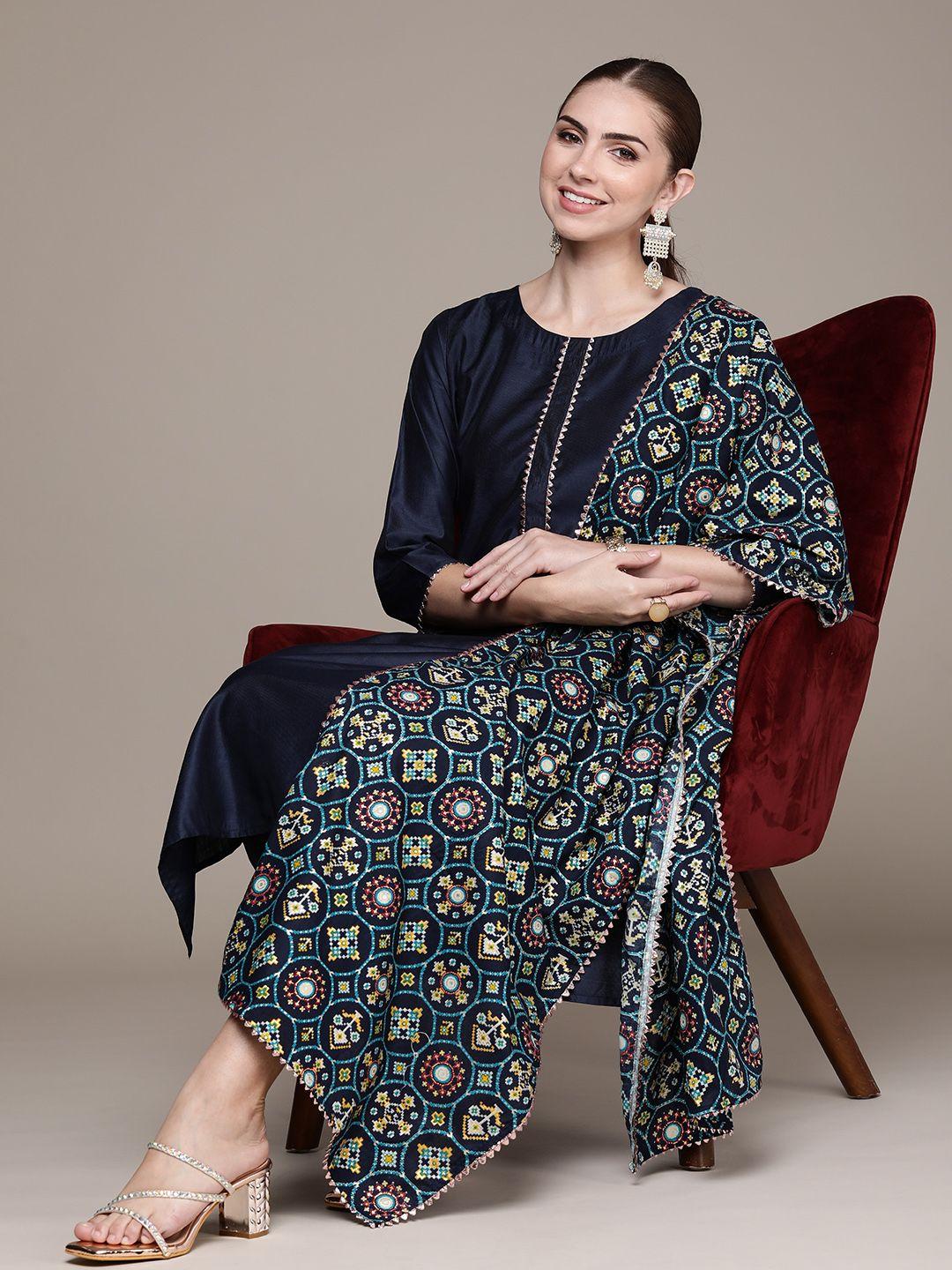 navibhu women regular gotta patti liva kurta with trousers & with dupatta