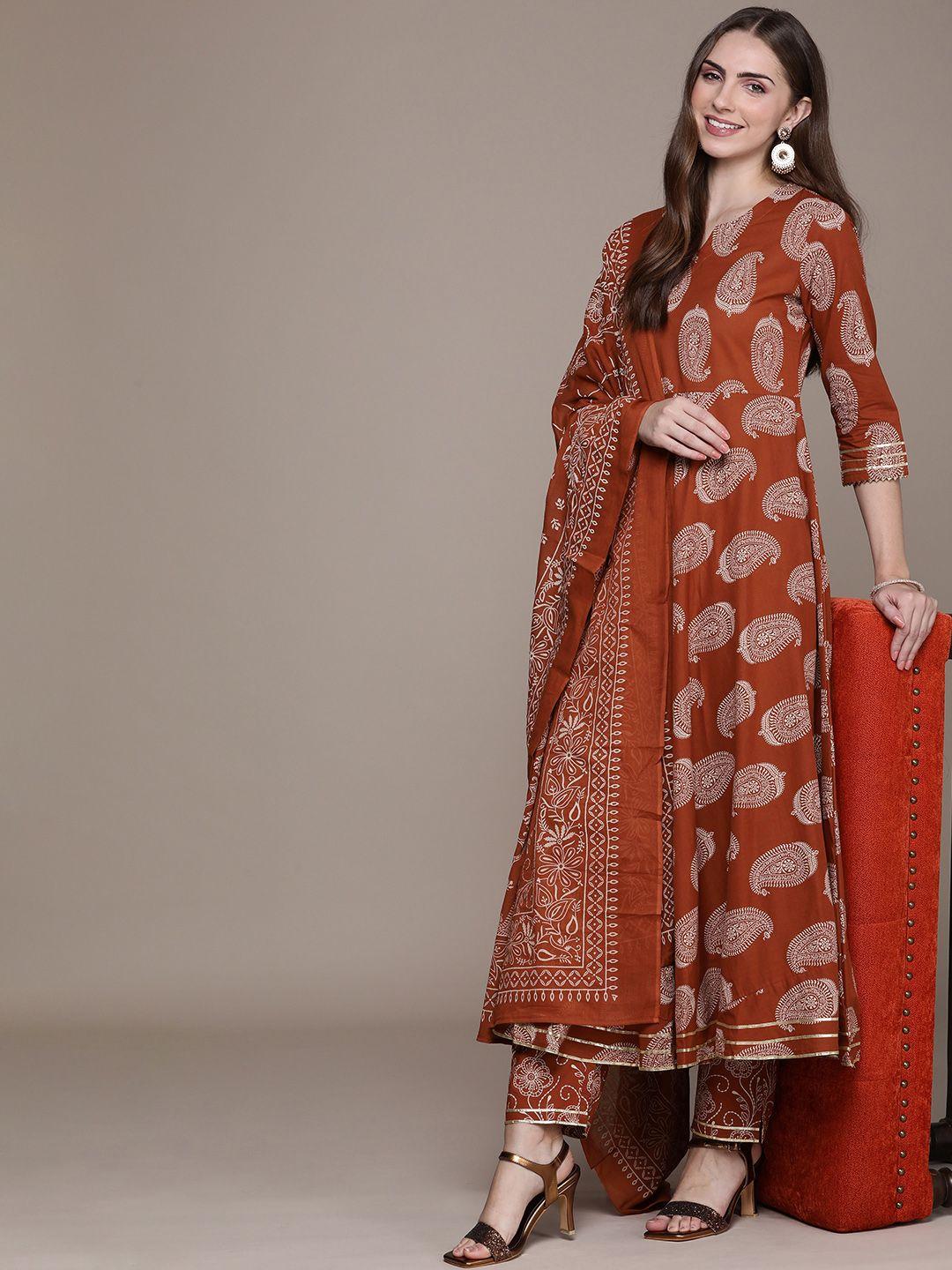 navibhu women rust paisley printed regular gotta patti kurta with trousers & with dupatta