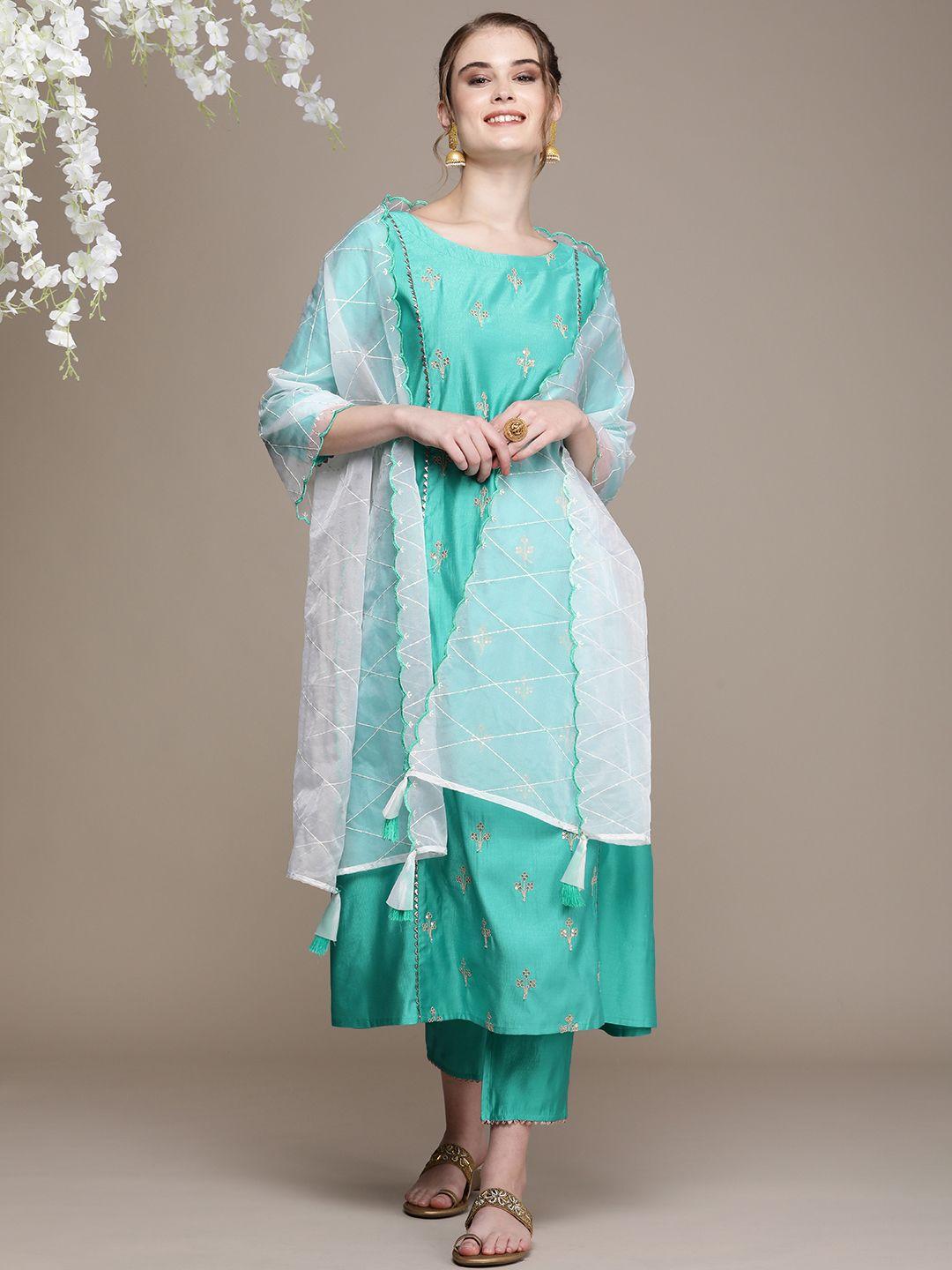 navibhu women sea green floral embroidered regular sequinned liva kurta with trousers & with dupatta