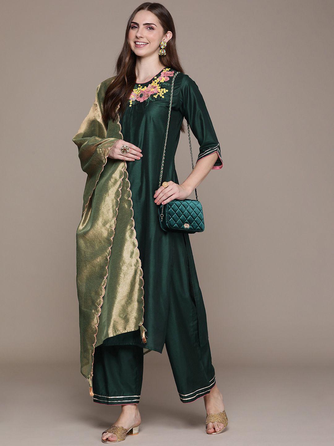 navibhu women teal embroidered regular thread work liva kurta with palazzos & with dupatta