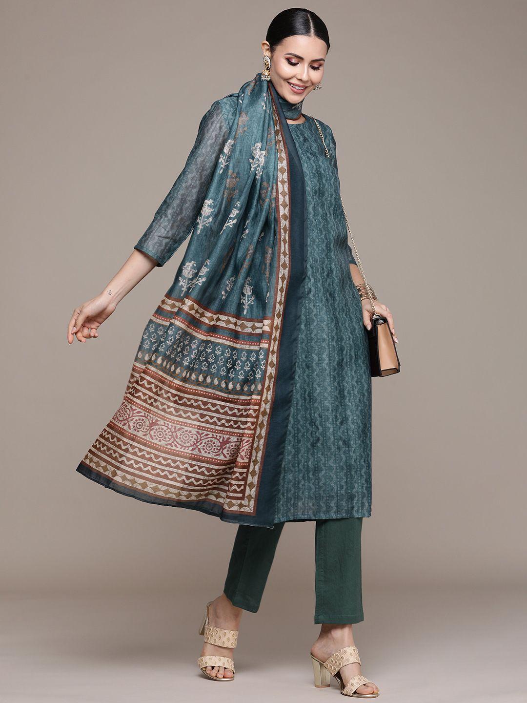 navibhu women teal printed regular kurta with trousers