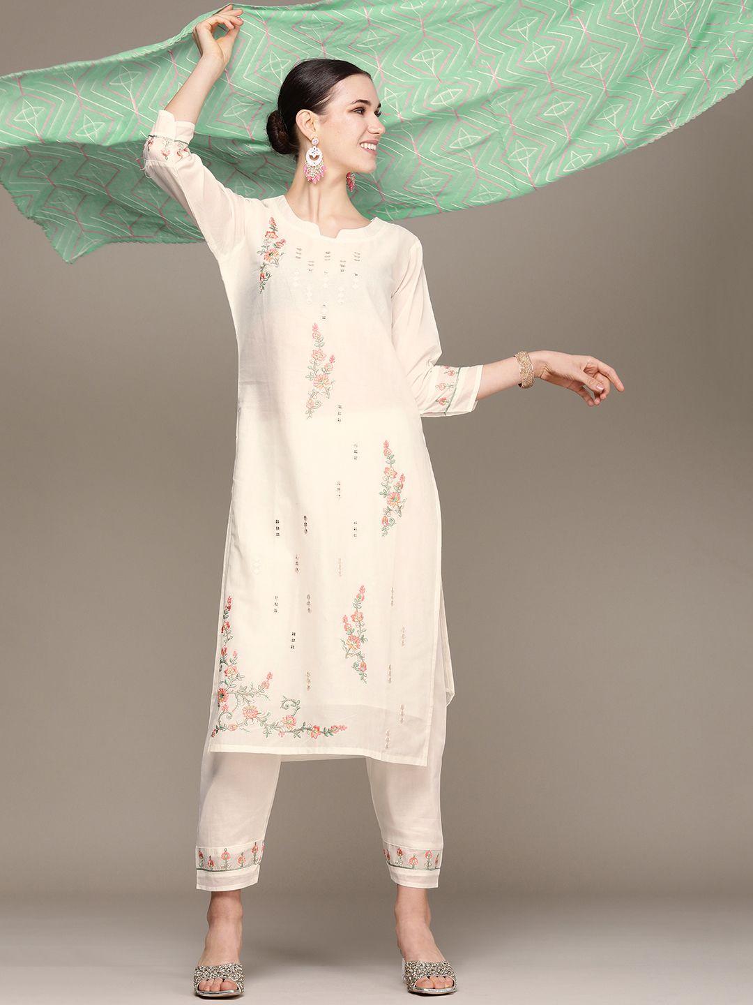 navibhu women white floral embroidered regular thread work kurta with trousers & with dupatta