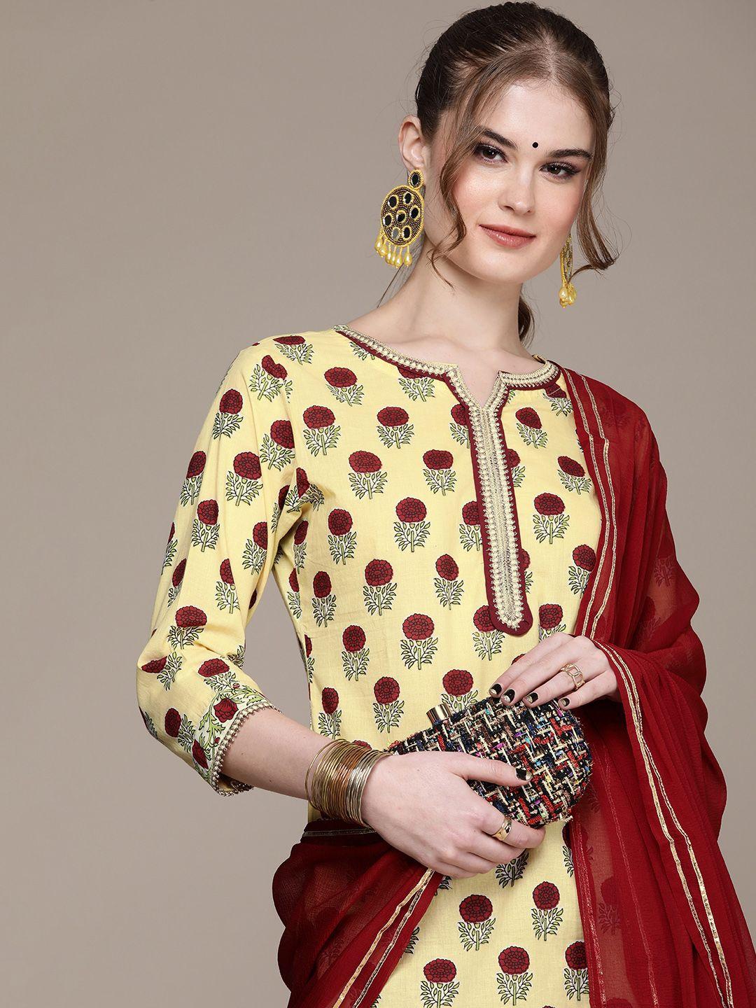 navibhu women yellow floral printed regular gotta patti pure cotton kurta with palazzos & with dupatta