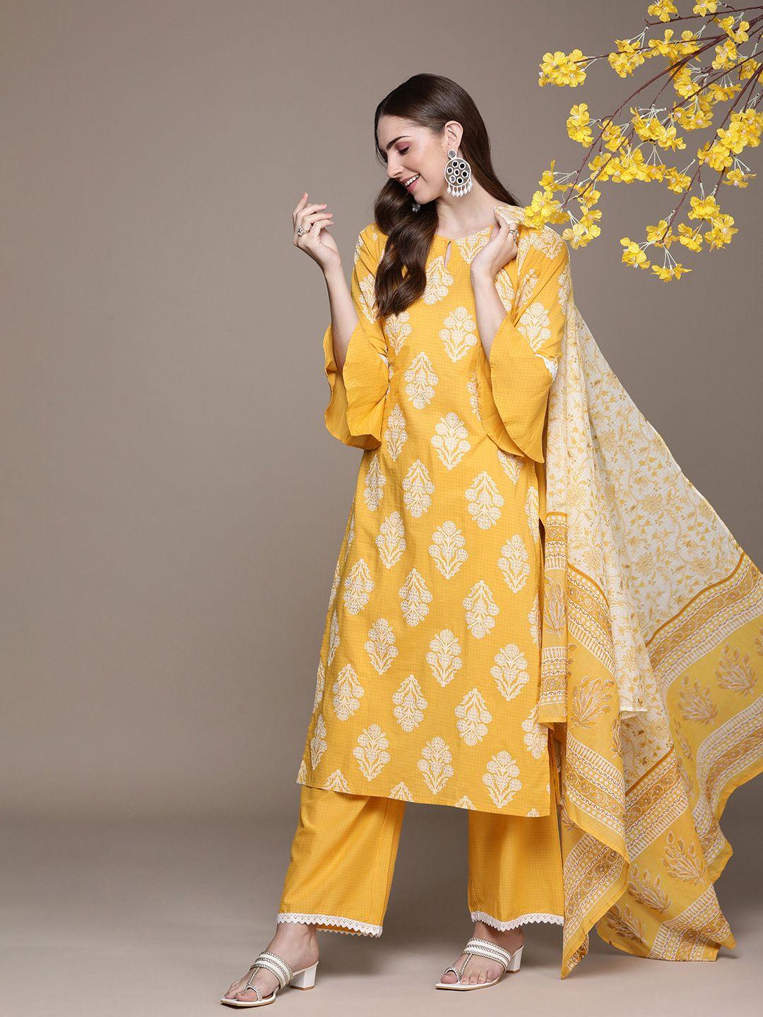 navibhu women yellow floral printed regular kurta with sharara & with dupatta