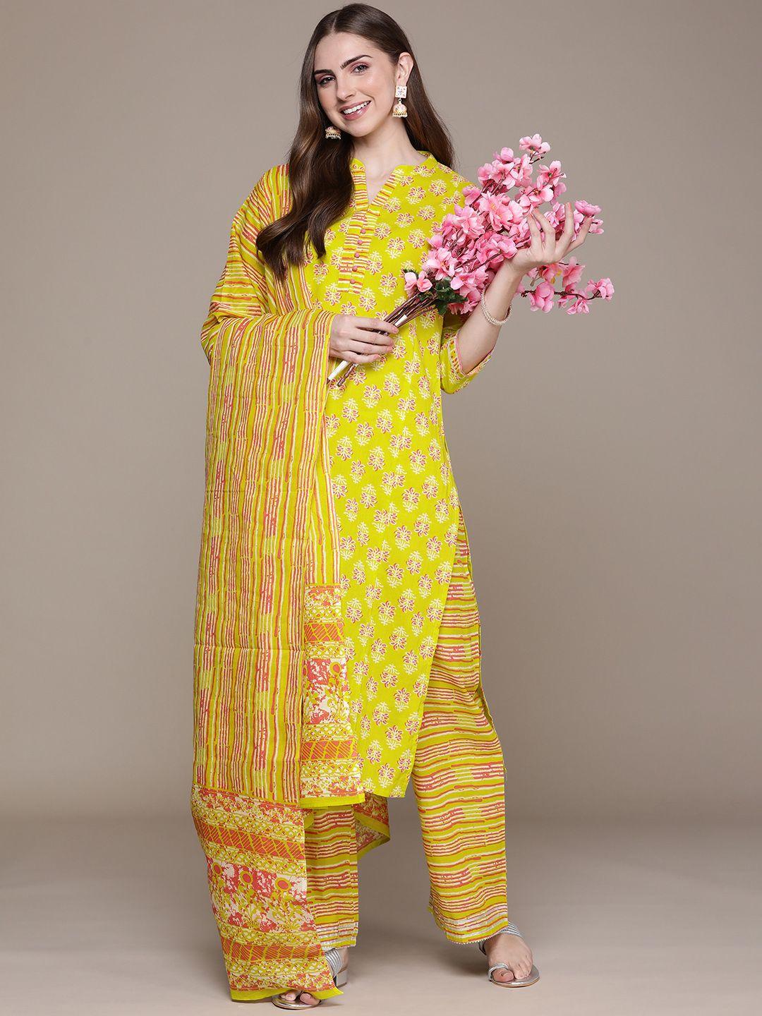 navibhu women yellow floral printed regular pure cotton kurta with palazzos & with dupatta
