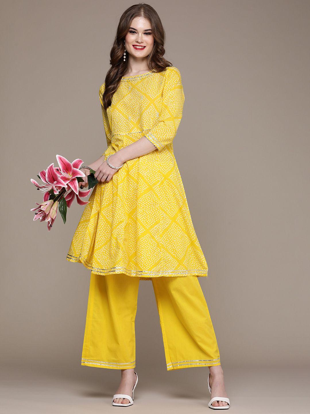 navibhu women yellow printed regular gotta patti kurta with skirt