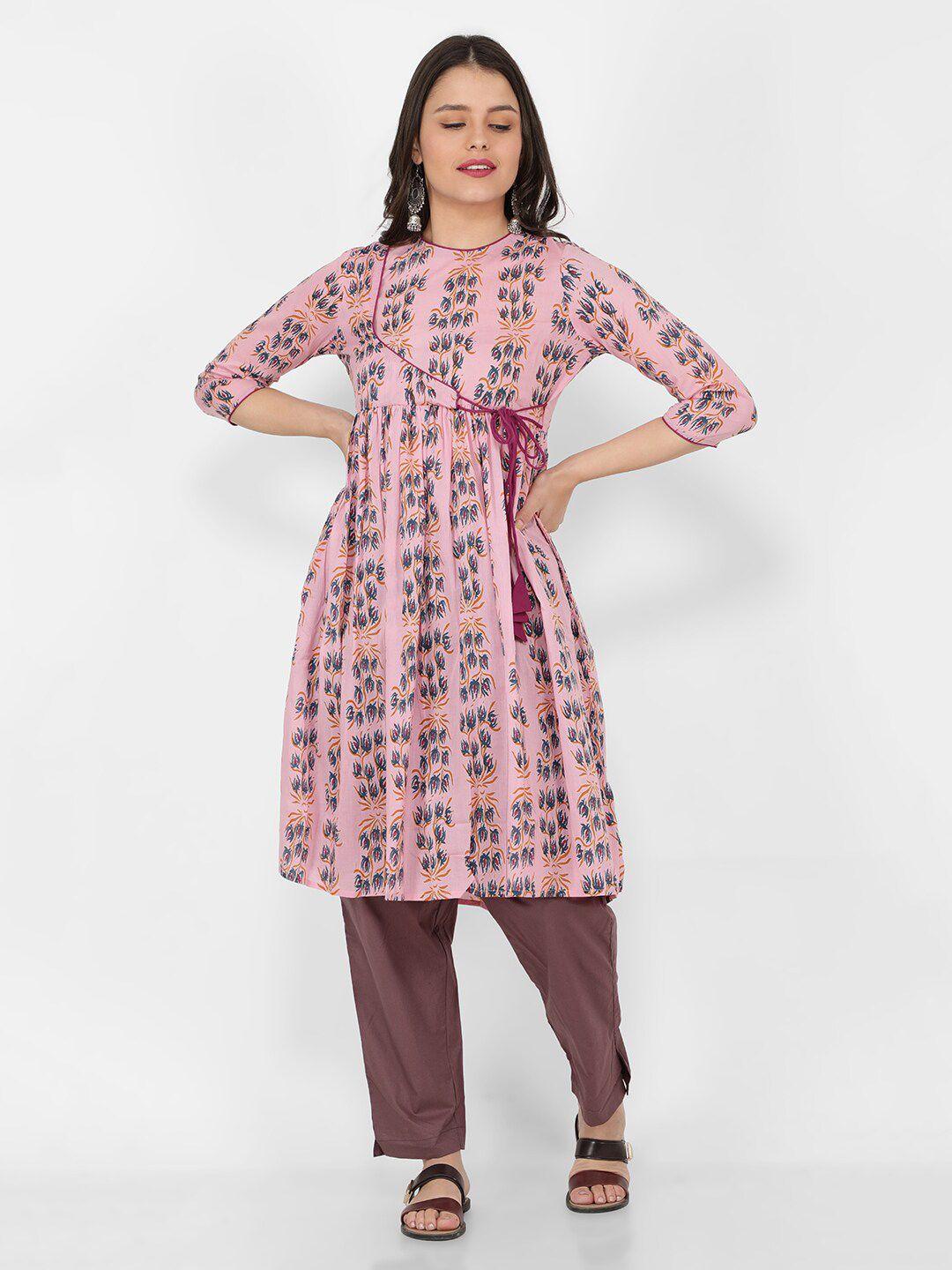 naviyata floral printed angrakha pure cotton kurta with trousers