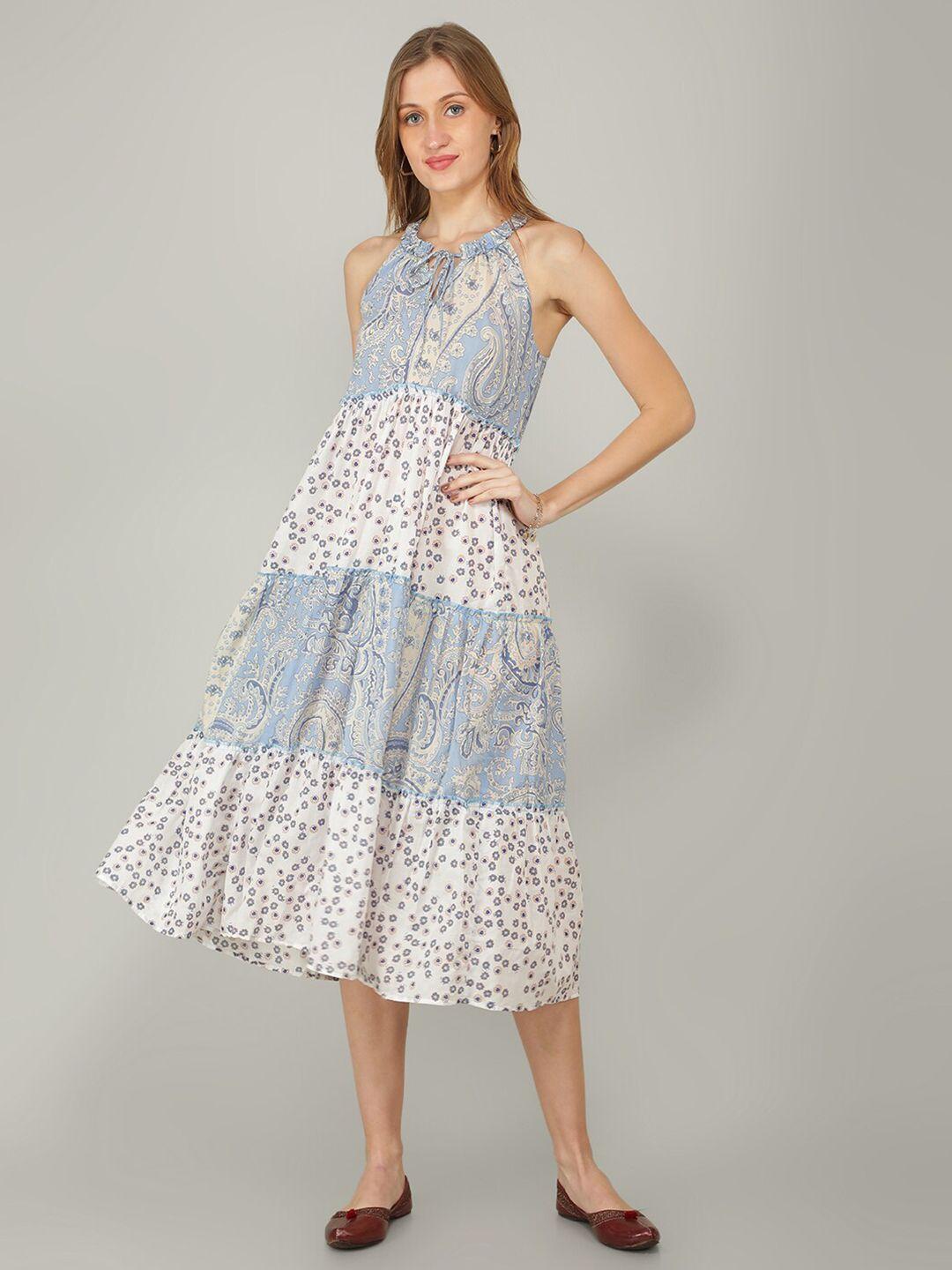 naviyata white & blue floral halter neck layered midi dress