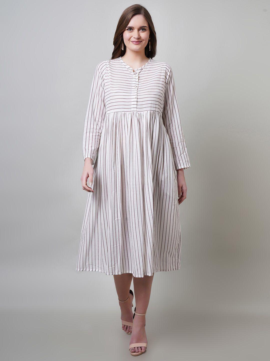 naviyata white striped fit & flare midi dress