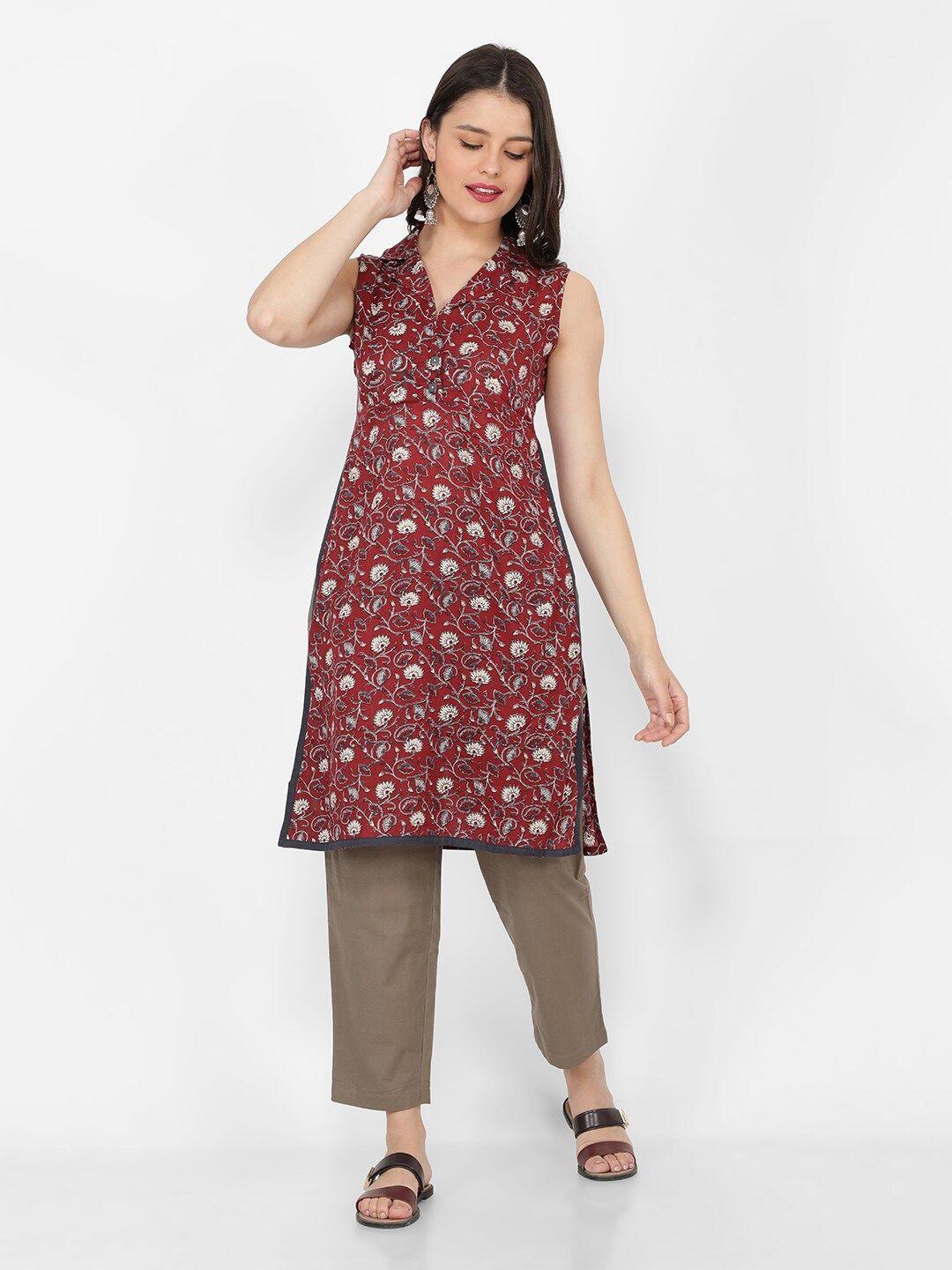 naviyata women maroon floral printed kurta with trousers