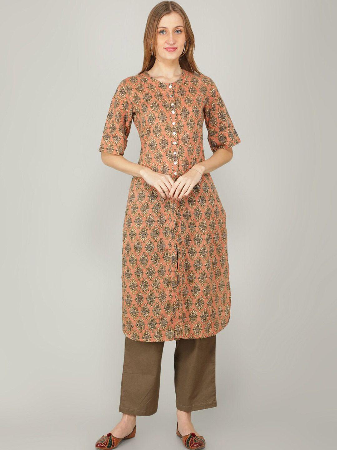 naviyata women rust ethnic motifs printed kurta with trousers