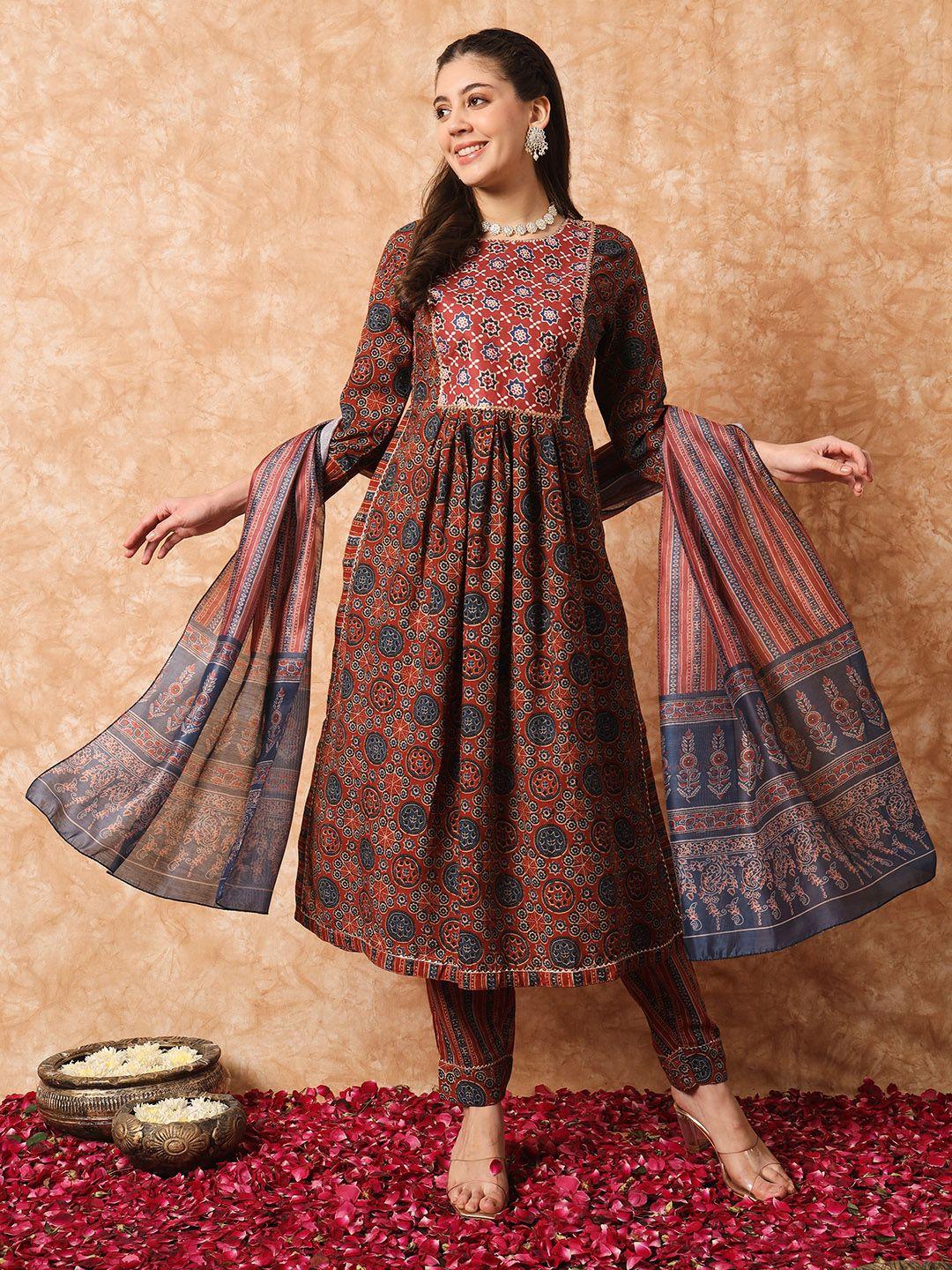 navlik ethnic motif printed thread work pure cotton a-line kurta & trousers with dupatta