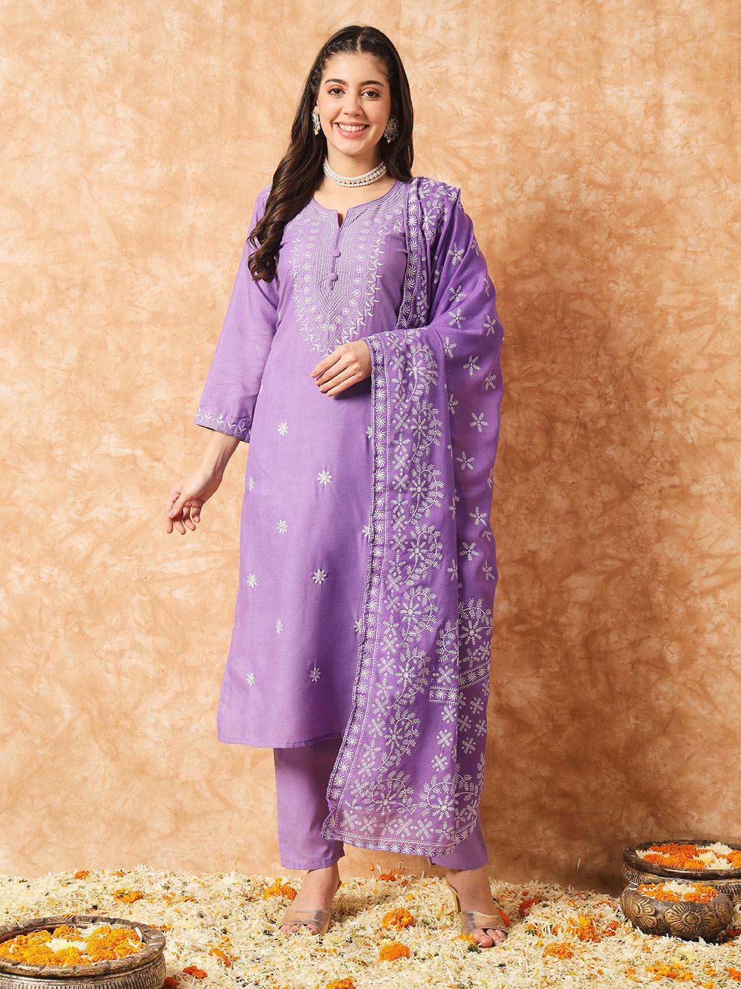 navlik floral embroidered pure cotton straight kurta with trousers & dupatta