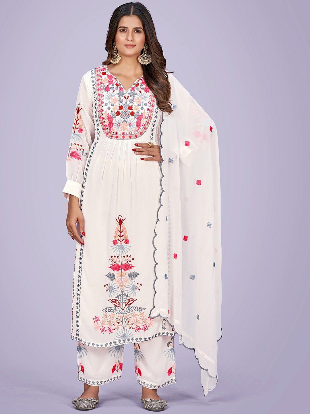 navlik women white ethnic motifs embroidered regular thread work kurta with palazzos & with dupatta
