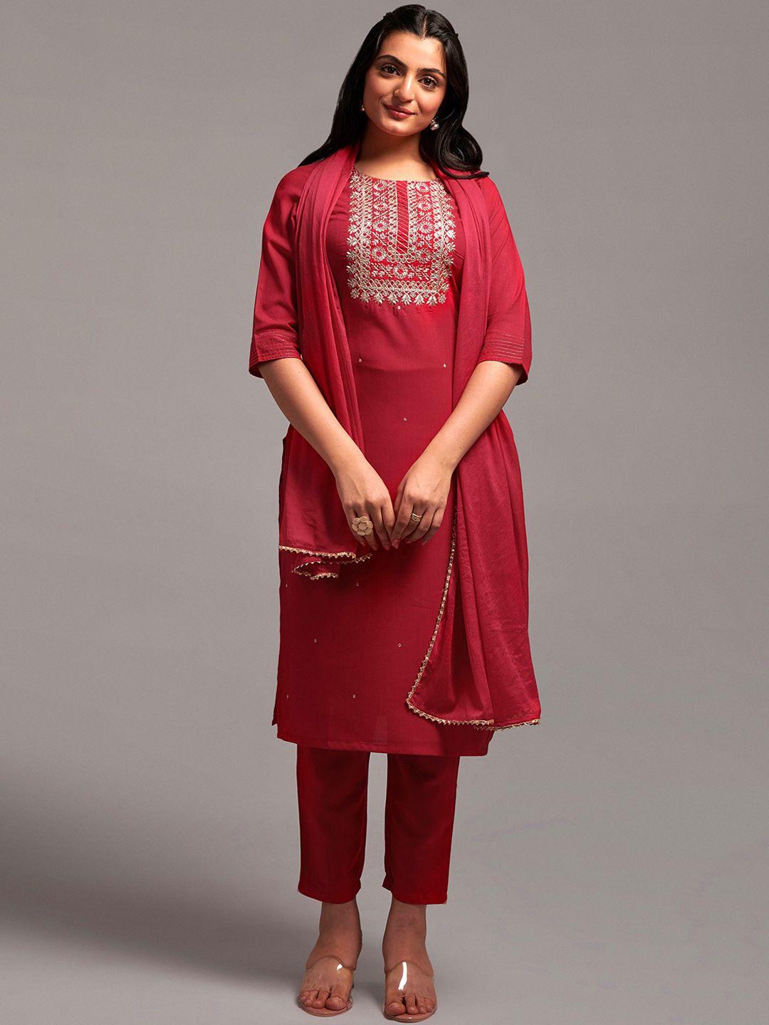 navlik ethnic motifs embroidered regular thread work kurta & trousers with dupatta