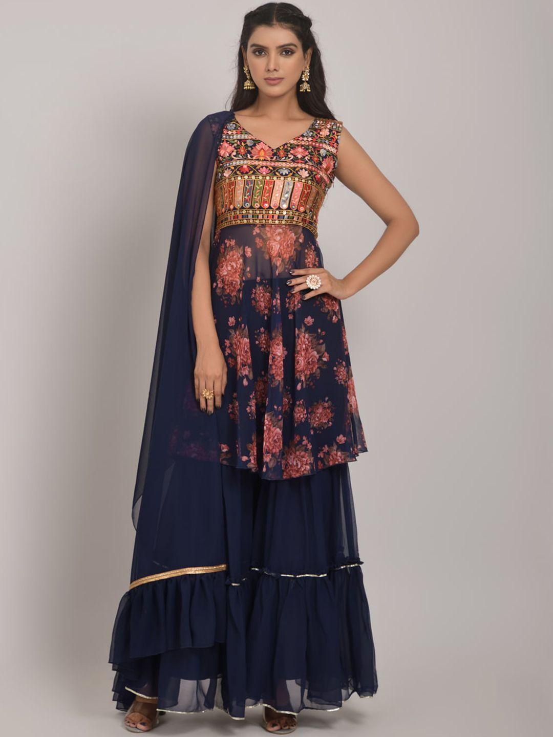 navlik floral embroidered georgette kurta with sharara & dupatta